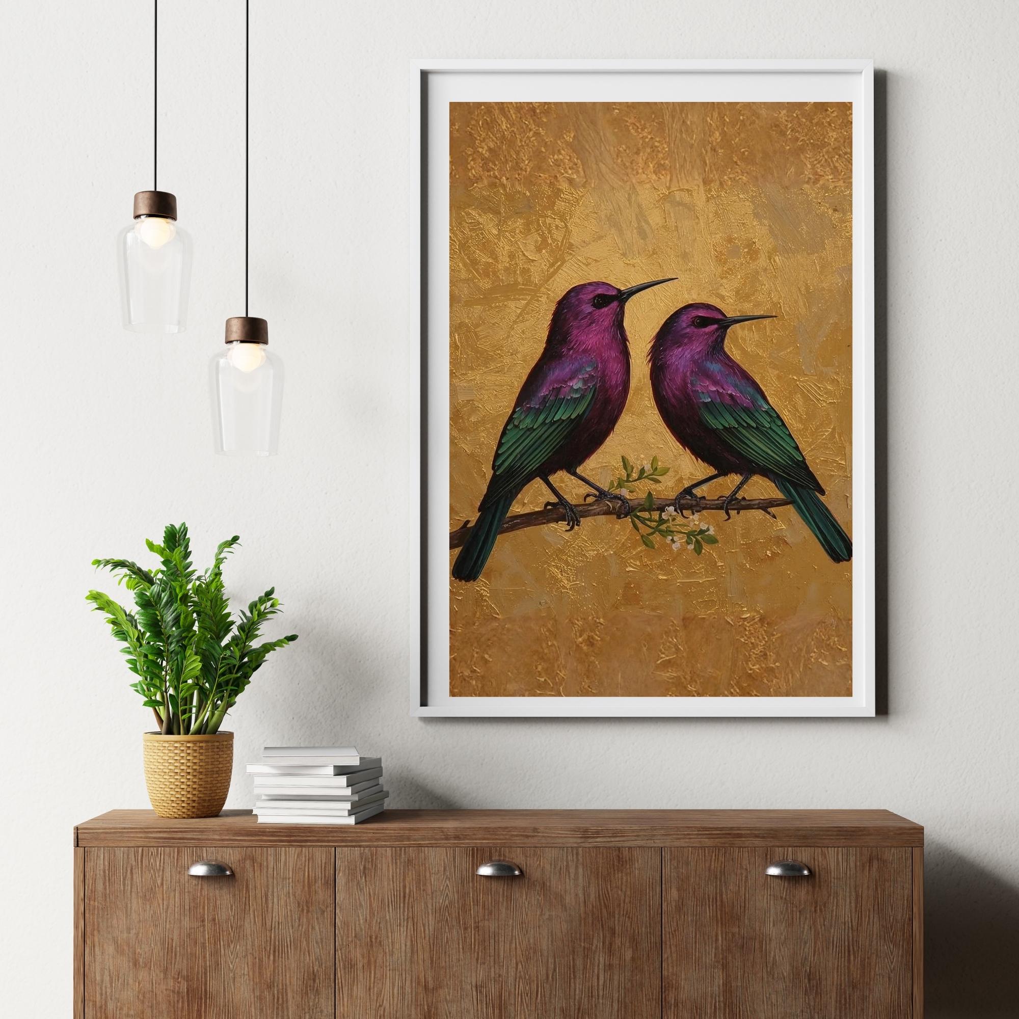 Metallic Purple Birds Oil Painting Wall Art Printable Emerald Green Wings Abstract Nature Fantasy Art Digital Download