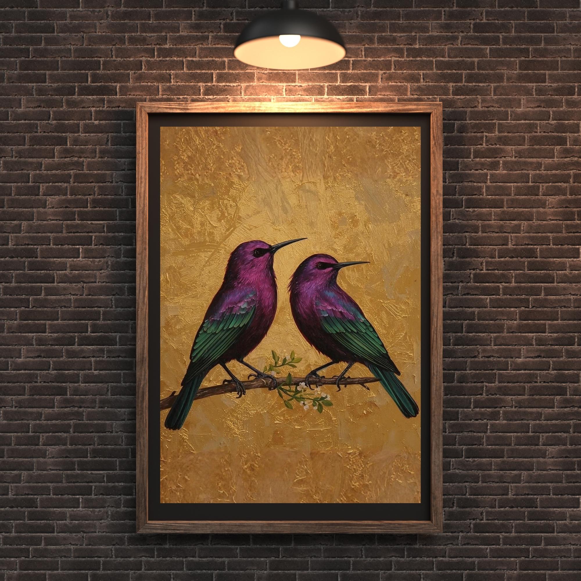 Metallic Purple Birds Oil Painting Wall Art Printable Emerald Green Wings Abstract Nature Fantasy Art Digital Download