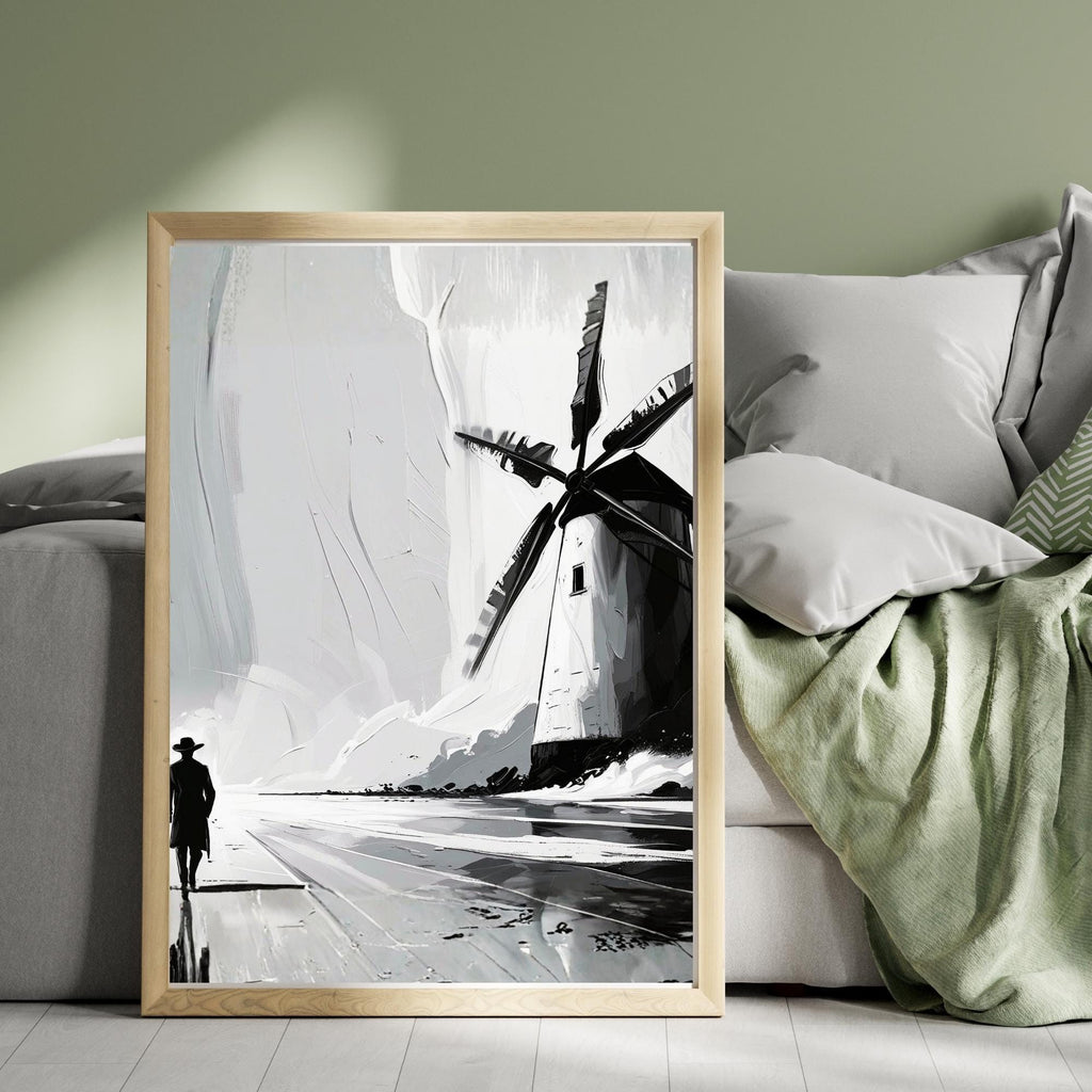 Minimalist Windmill Oil Painting Wall Art Printable Abstract Impasto Texture Modern Landscape Art Digital Download