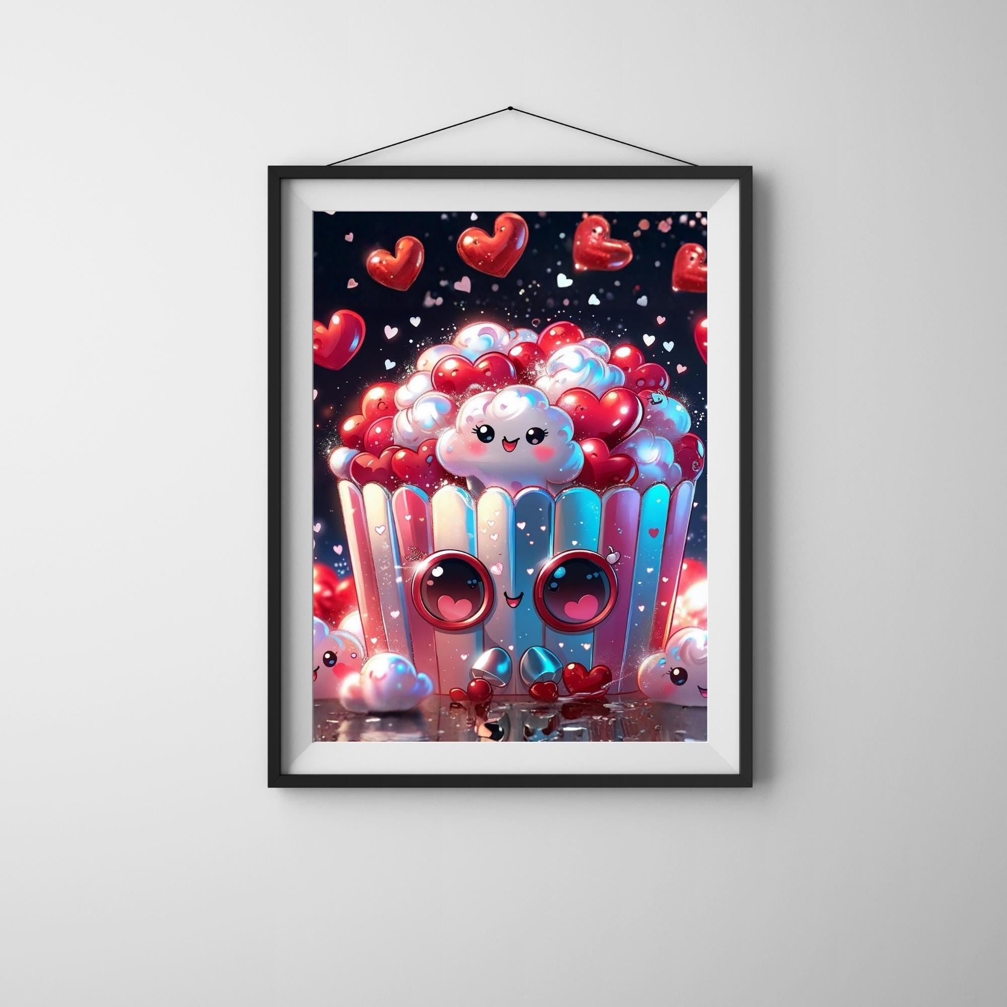 Valentine’s Popcorn & Hearts Cartoon Wall Art Printable Cute Romantic Pop Art Illustration Fun Love Theme Digital Download