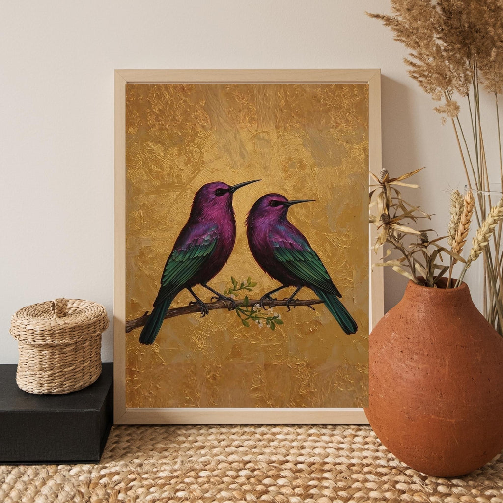 Metallic Purple Birds Oil Painting Wall Art Printable Emerald Green Wings Abstract Nature Fantasy Art Digital Download