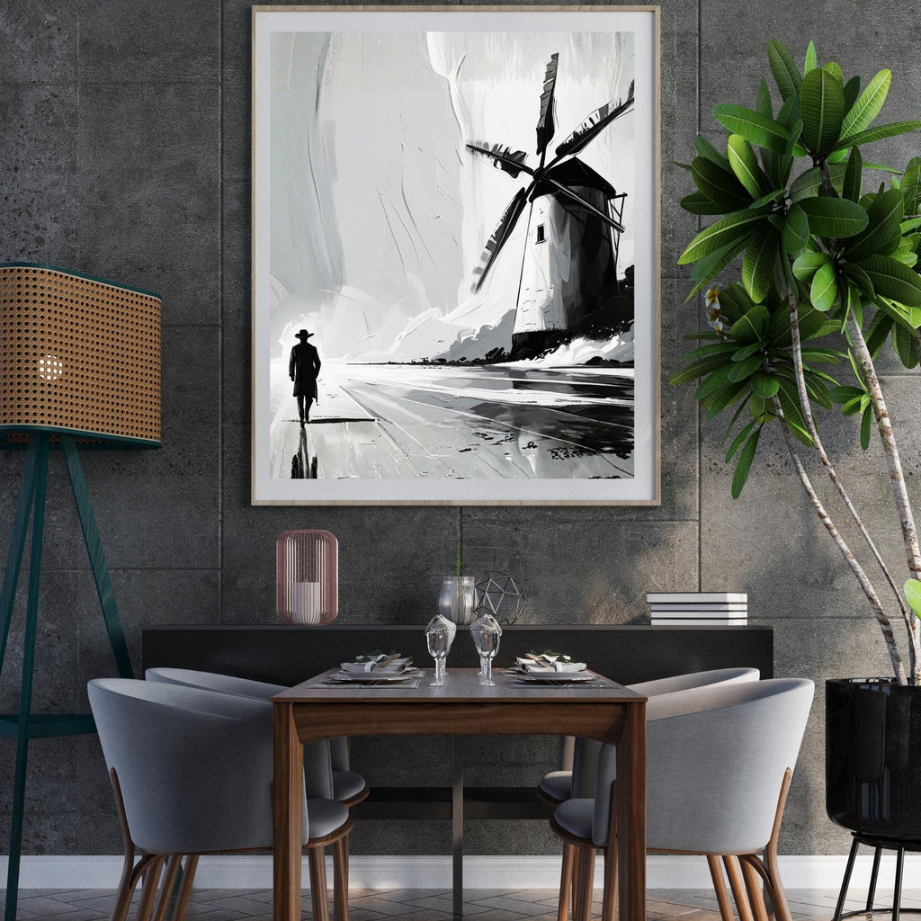 Minimalist Windmill Oil Painting Wall Art Printable Abstract Impasto Texture Modern Landscape Art Digital Download
