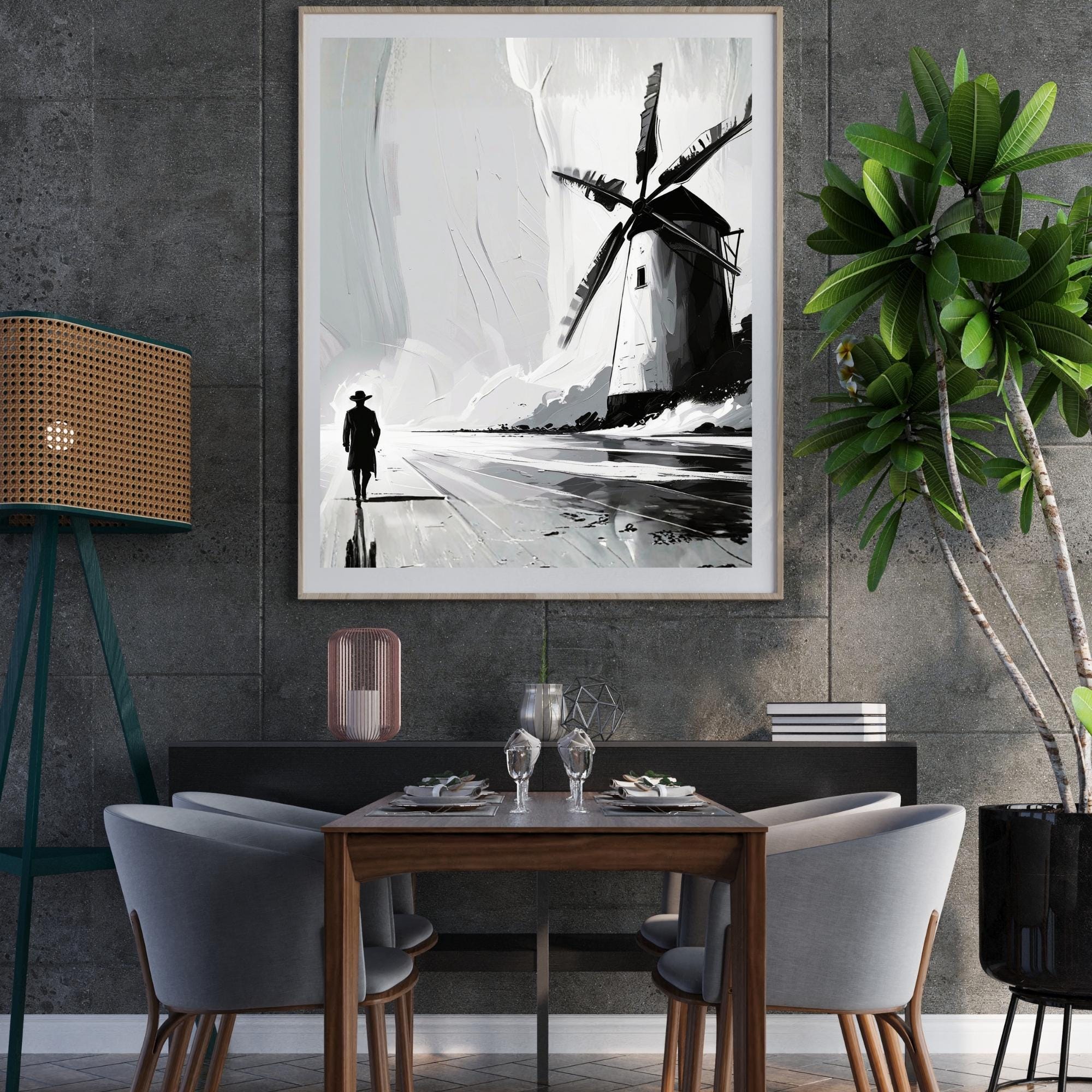 Minimalist Windmill Oil Painting Wall Art Printable Abstract Impasto Texture Modern Landscape Art Digital Download