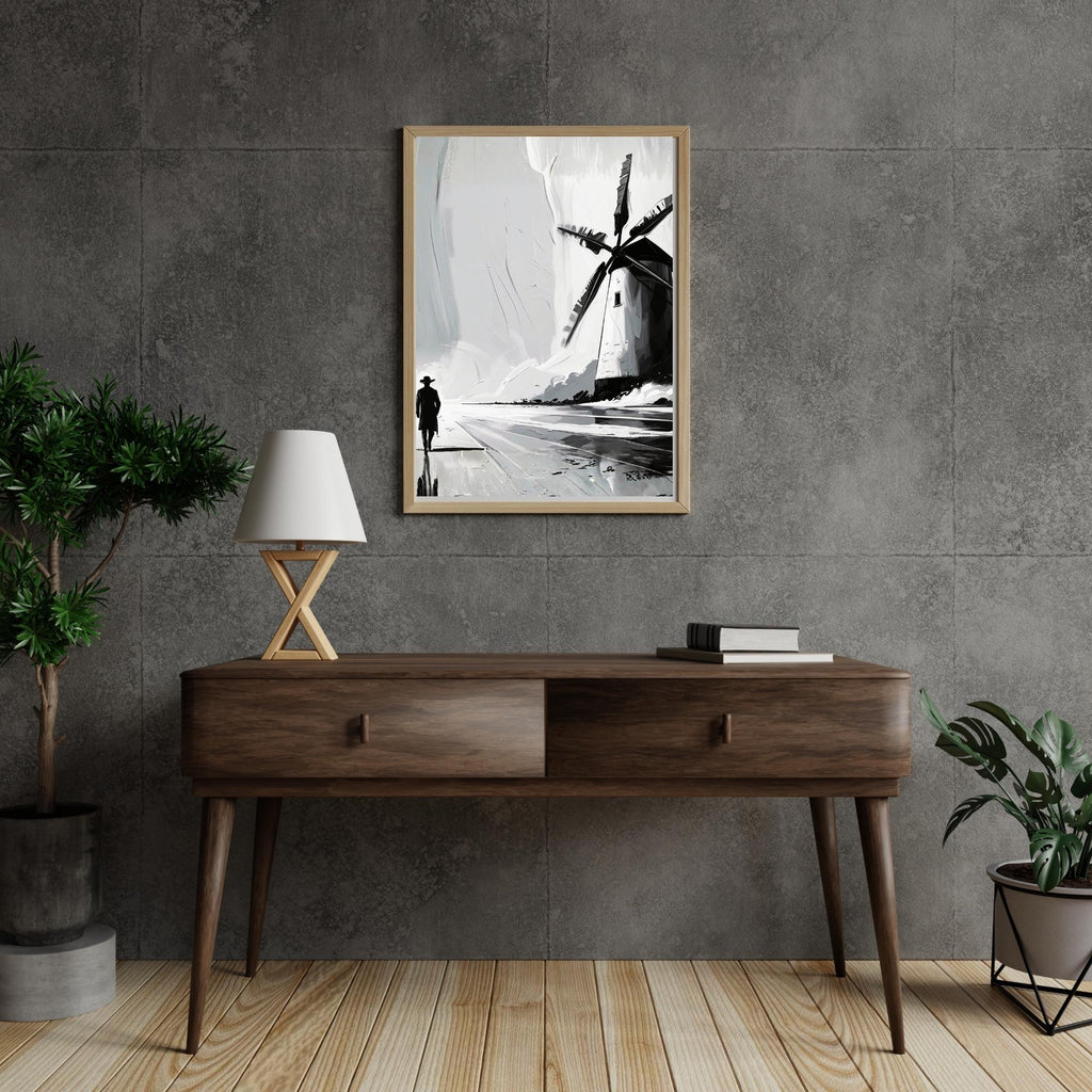 Minimalist Windmill Oil Painting Wall Art Printable Abstract Impasto Texture Modern Landscape Art Digital Download