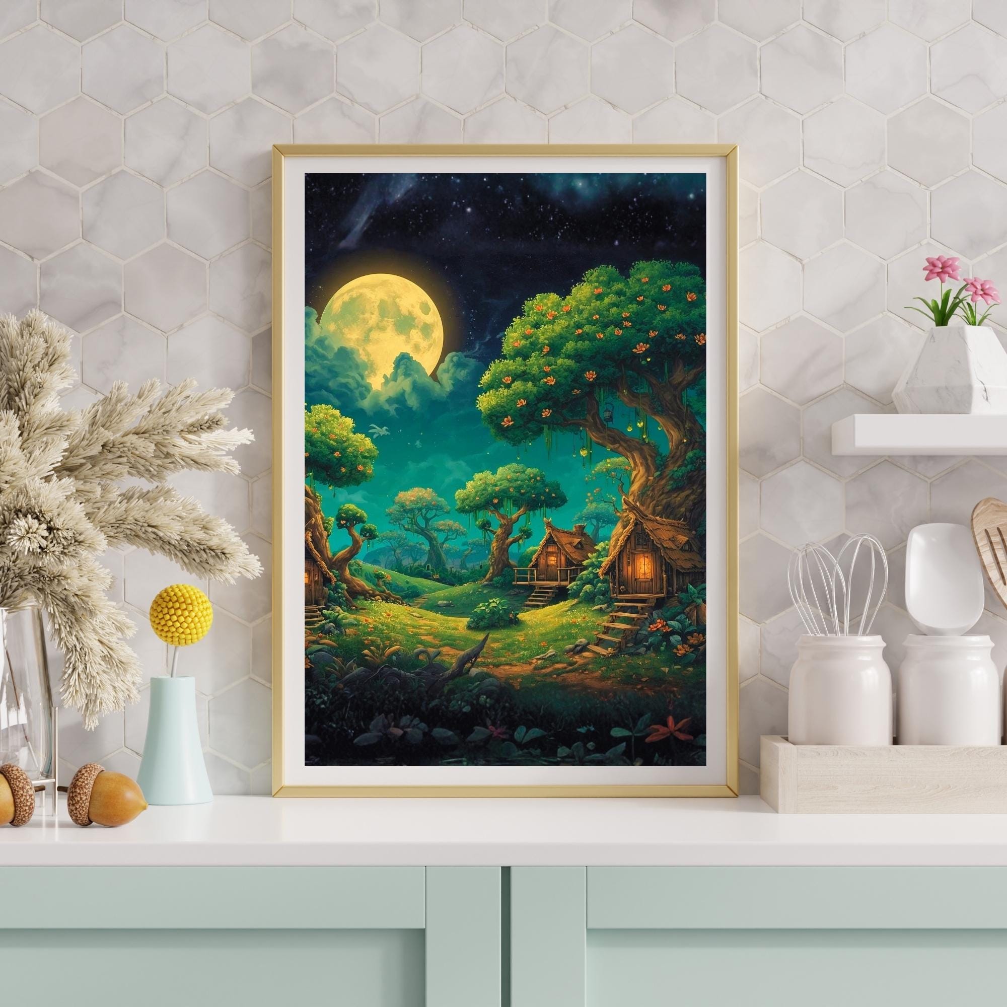 Art Nouveau Enchanted Forest Landscape Wall Art Printable Cottagecore Romantic Nature Illustration Vintage Style Digital Download
