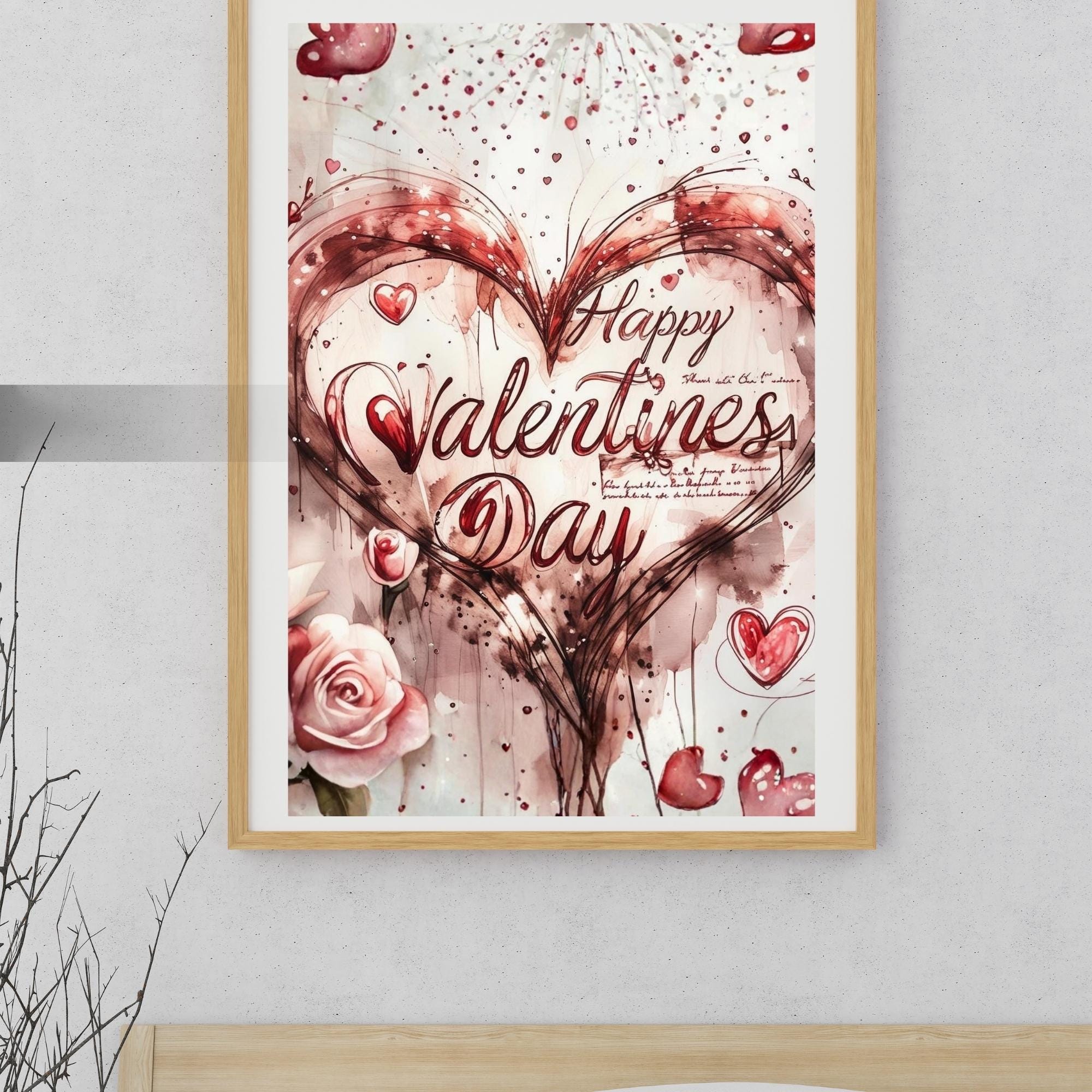 Valentine’s Heart Rose Wall Art Printable Romantic Floral Love Illustration Aesthetic Gift Decor Digital Download