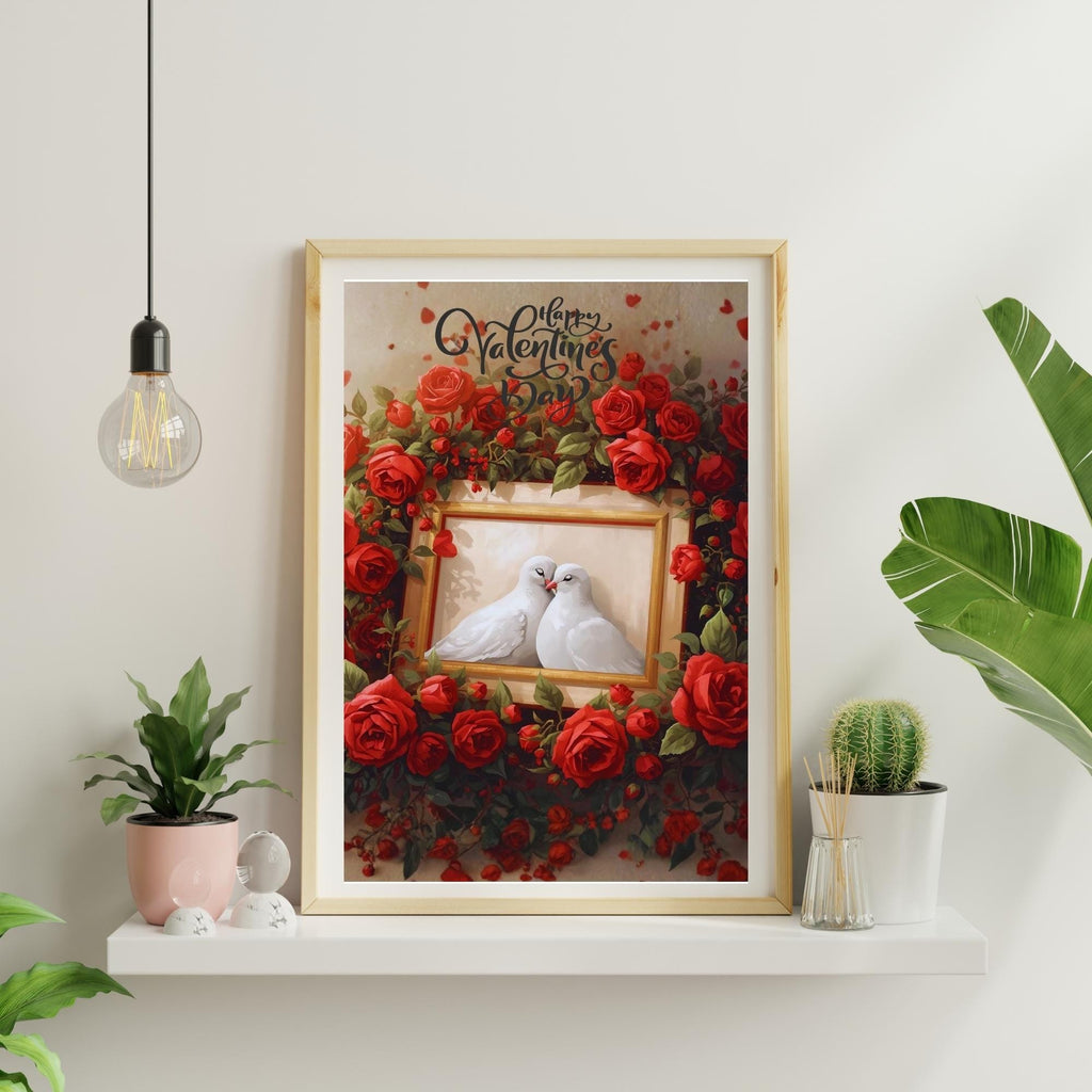 Valentine’s Day Dove and Roses Wall Art Printable Romantic Love Illustration Floral Birds Aesthetic Digital Download