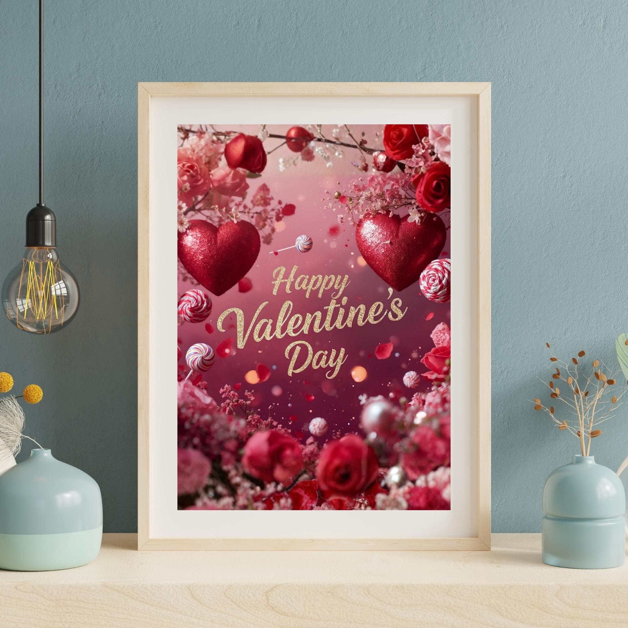 Happy Valentine’s Day Wall Art Printable Romantic Love Theme Floral Hearts Aesthetic Greeting Poster Digital Download