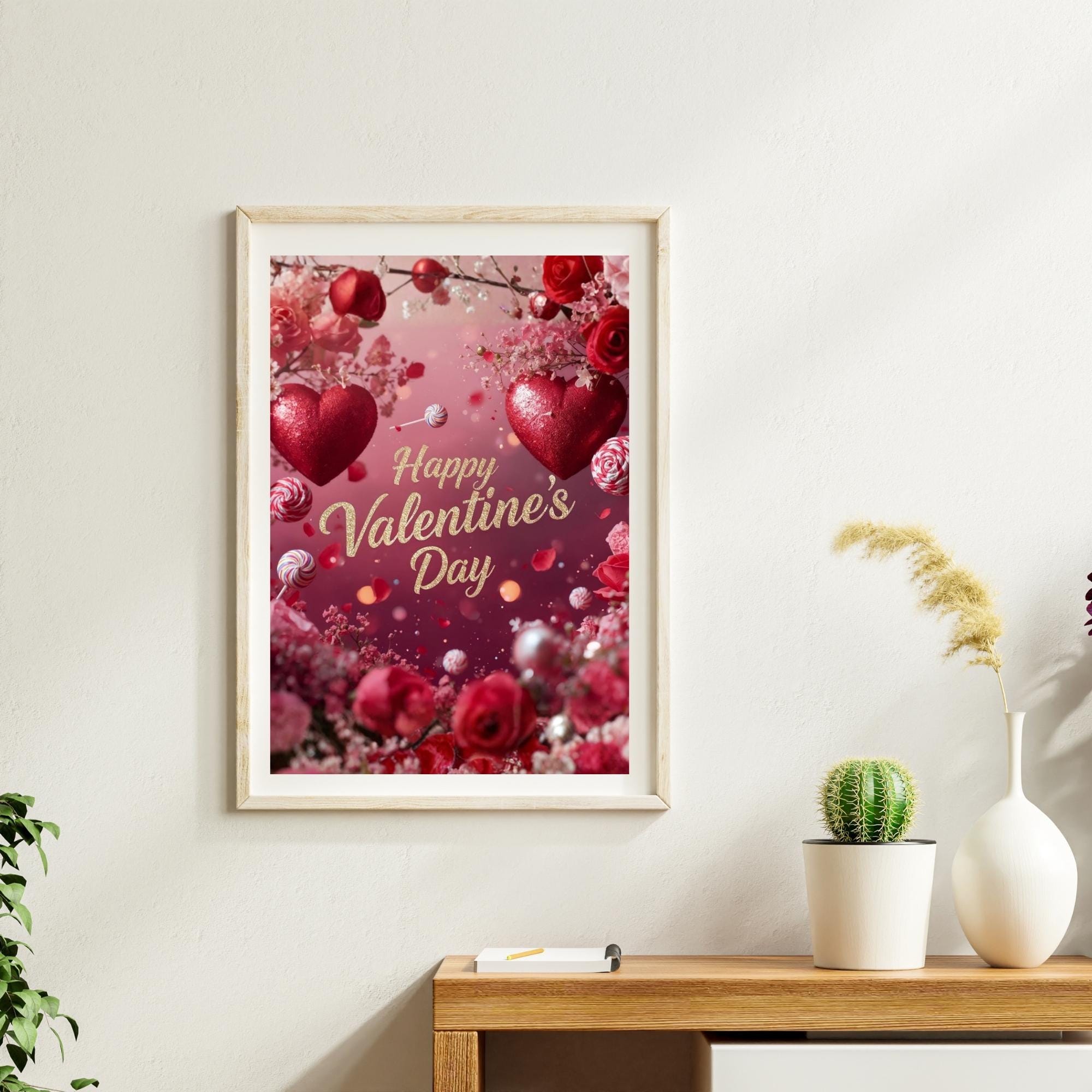 Happy Valentine’s Day Wall Art Printable Romantic Love Theme Floral Hearts Aesthetic Greeting Poster Digital Download