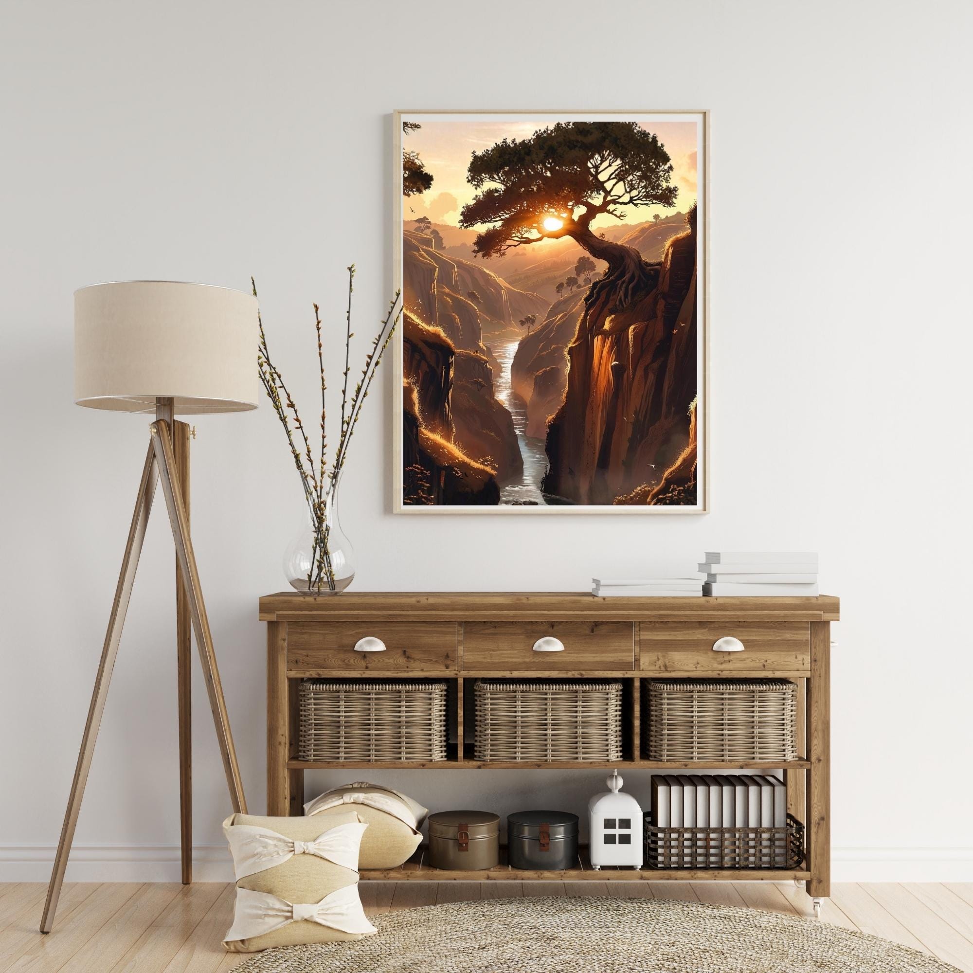 Sunset Canyon Landscape Wall Art Printable Earthy Brown Tones Nature Scene Desert Cliffs Warm Minimalist Decor Digital Download