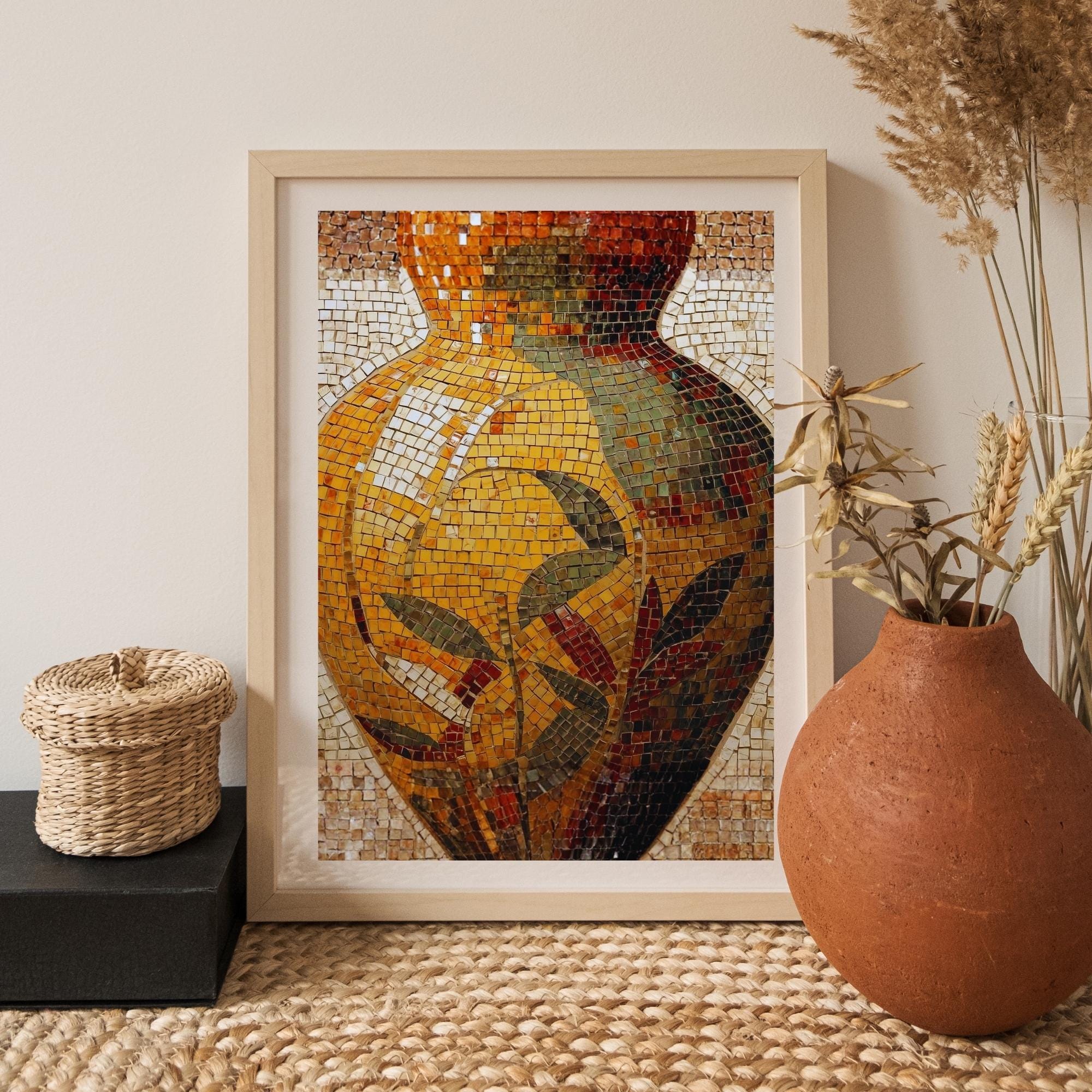 Warm Mosaic Vase Wall Art Printable Abstract Ceramic Tile Style Earth Tone Decorative Still Life Digital Download