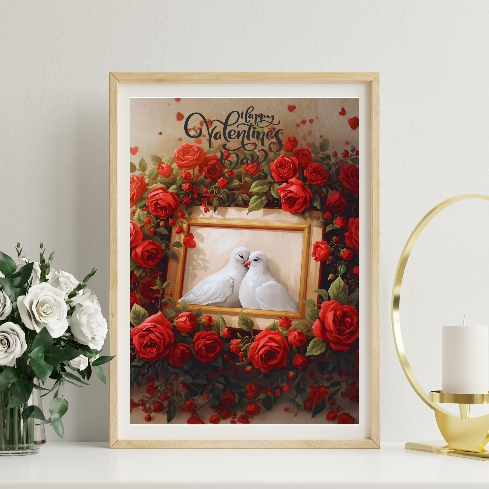 Valentine’s Day Dove and Roses Wall Art Printable Romantic Love Illustration Floral Birds Aesthetic Digital Download