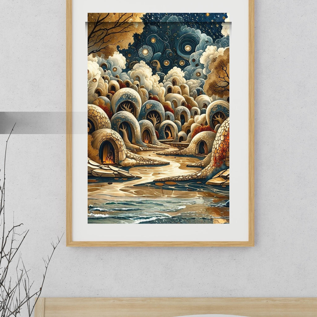 Winter Huts Wall Art Printable Cream and Blue Tone Snowy Village Landscape Cozy Nordic Cabin Scene Digital Download