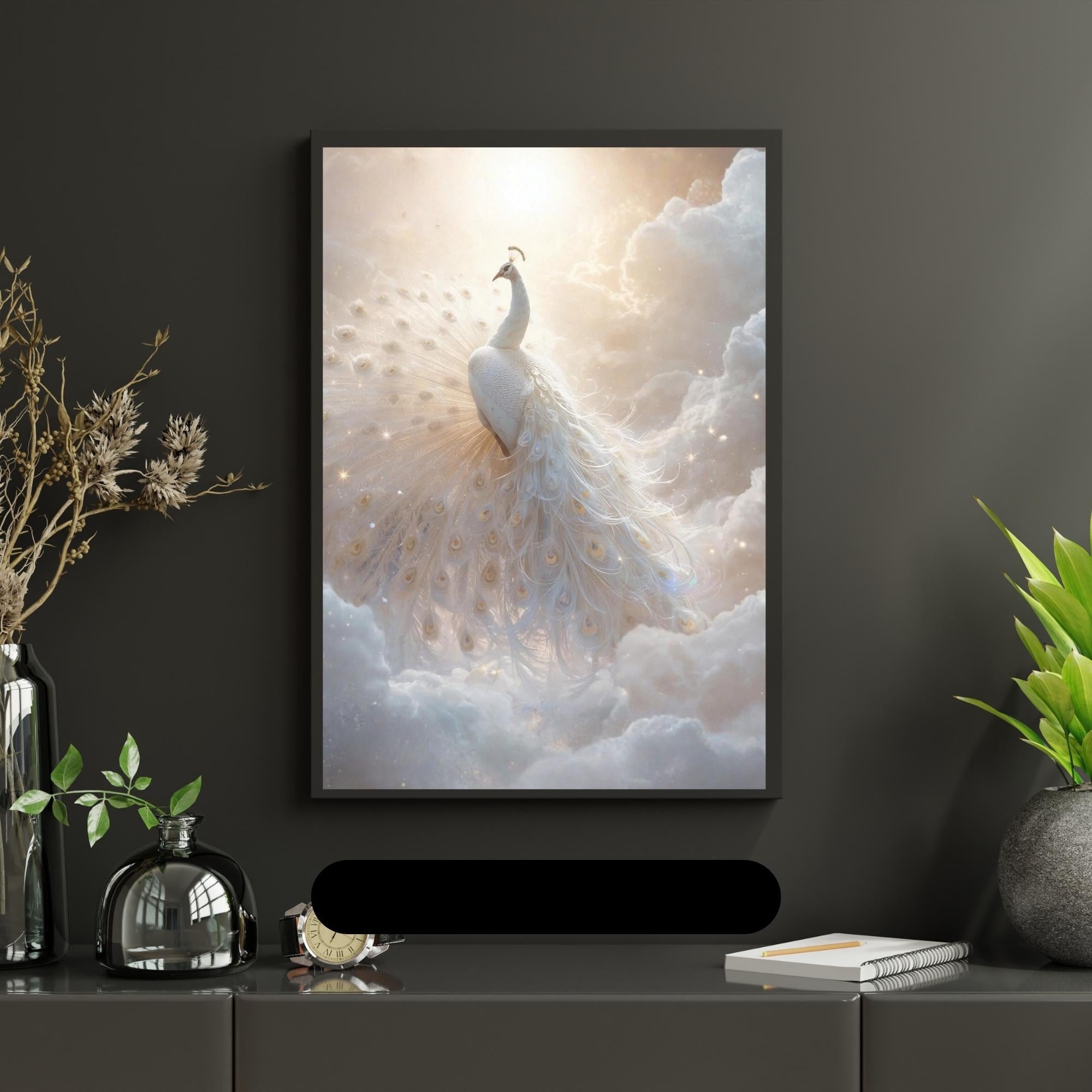 Majestic White Peacock in Clouds Wall Art Printable Ethereal Fantasy Bird Sky Landscape Dreamy Nature Digital Download