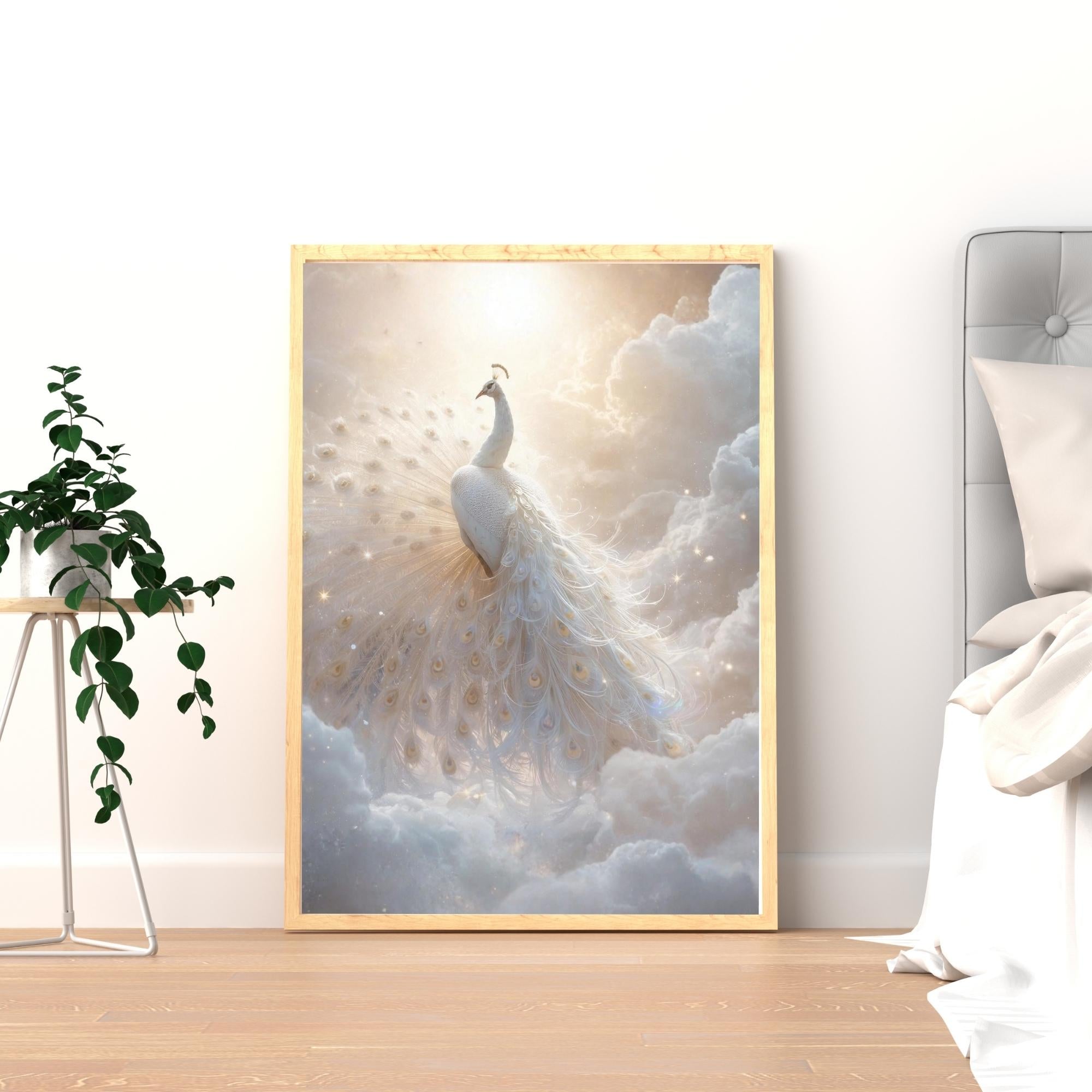 Majestic White Peacock in Clouds Wall Art Printable Ethereal Fantasy Bird Sky Landscape Dreamy Nature Digital Download