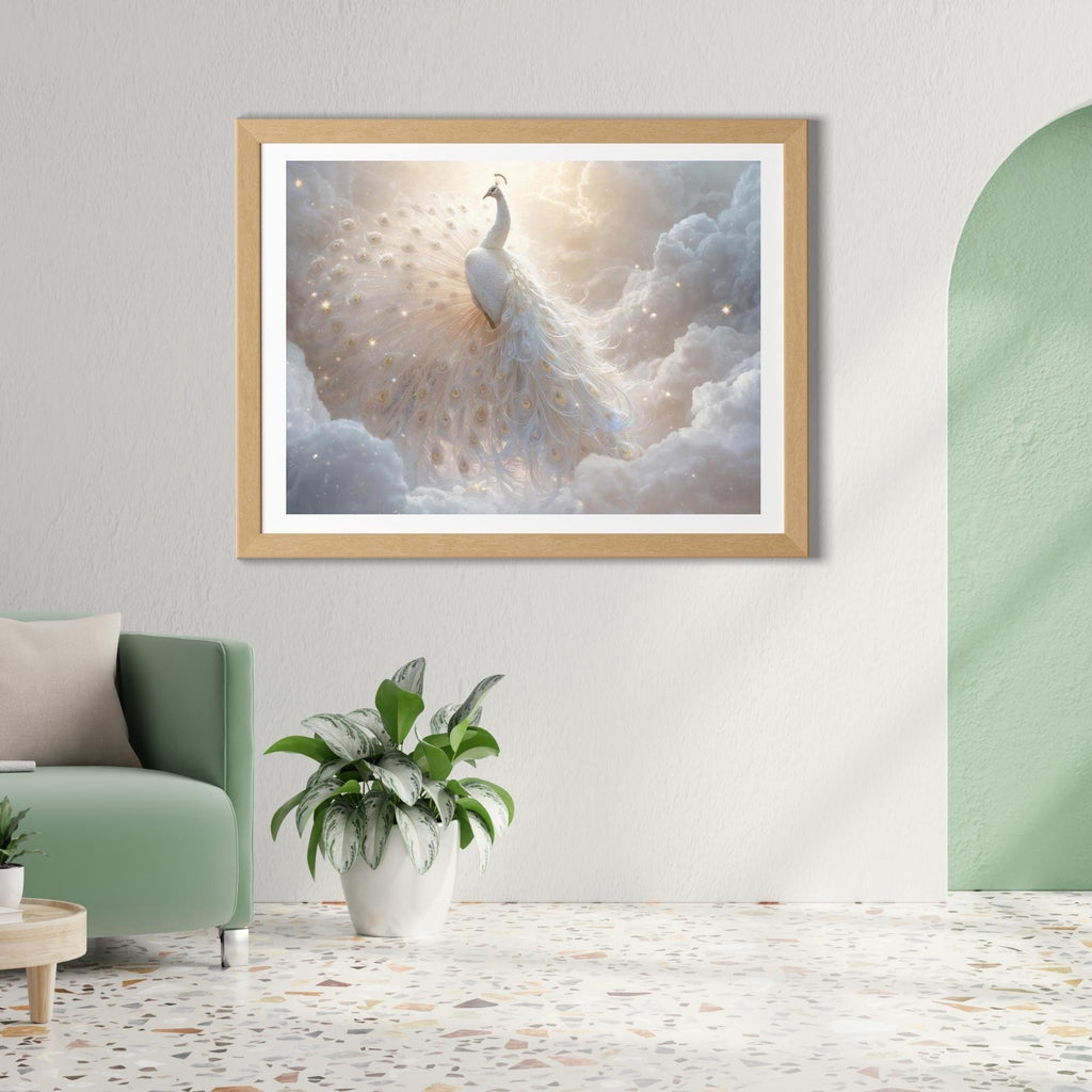 Majestic White Peacock in Clouds Wall Art Printable Ethereal Fantasy Bird Sky Landscape Dreamy Nature Digital Download