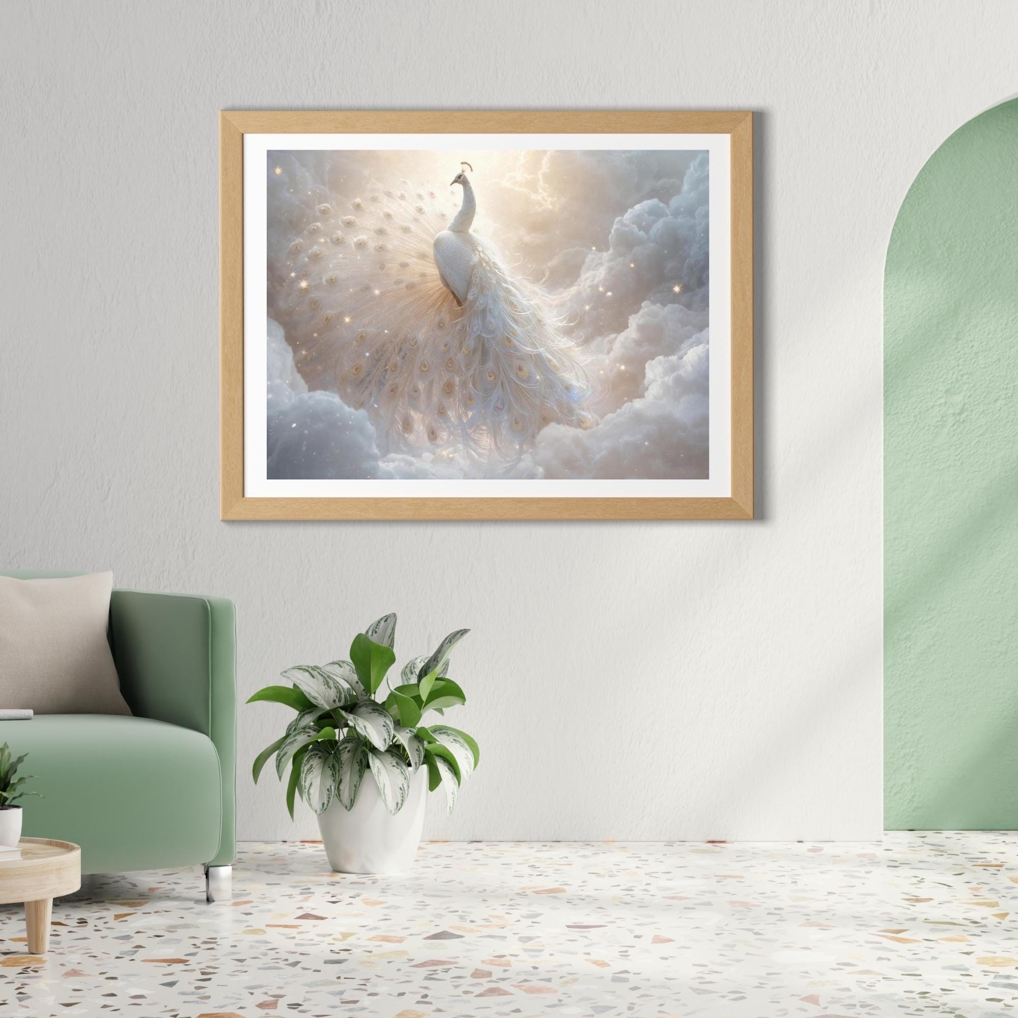 Majestic White Peacock in Clouds Wall Art Printable Ethereal Fantasy Bird Sky Landscape Dreamy Nature Digital Download
