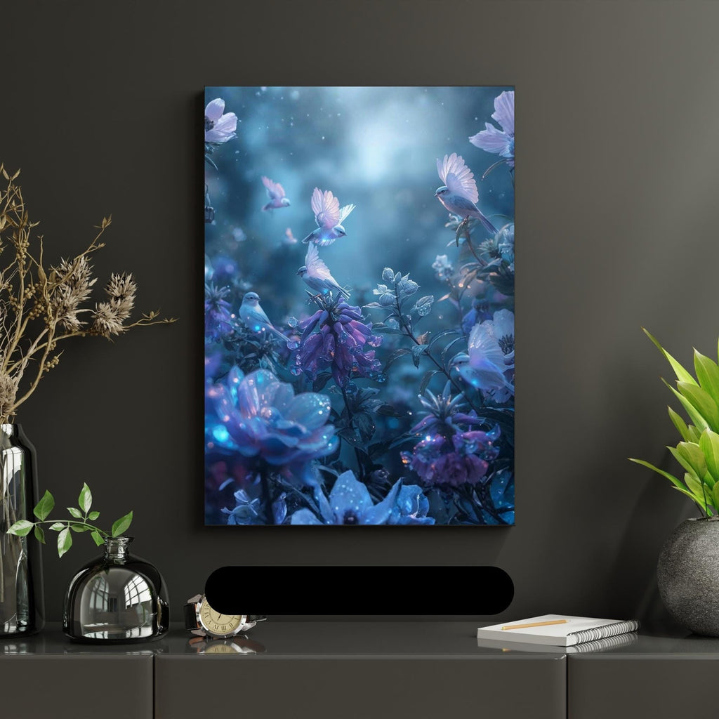 Flock of Birds Fantasy Garden Wall Art Printable Soothing Nature Scene Realistic Wildlife Dreamy Botanical Decor Digital Download
