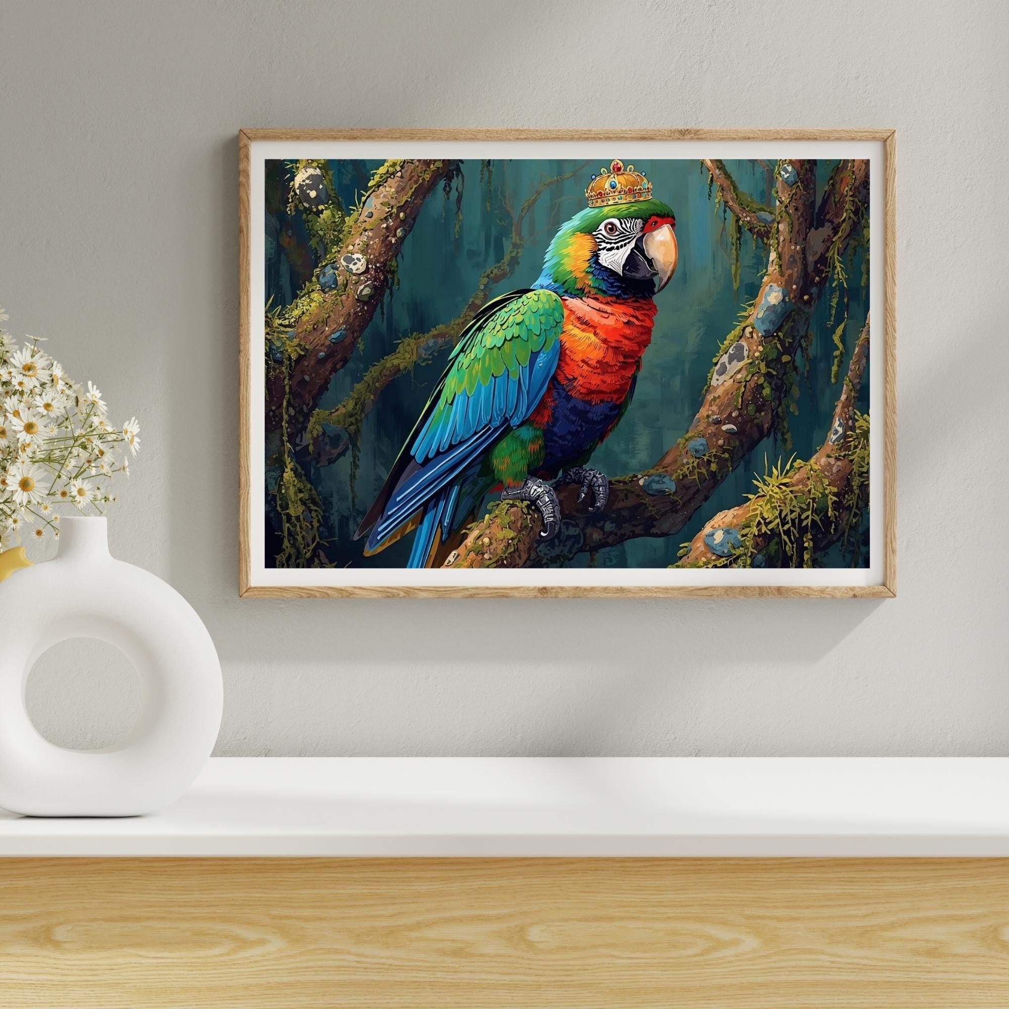 African Parrot with Crown Wall Art Printable Vibrant Tropical Bird Portrait Exotic Wildlife Royal Animal Digital Download