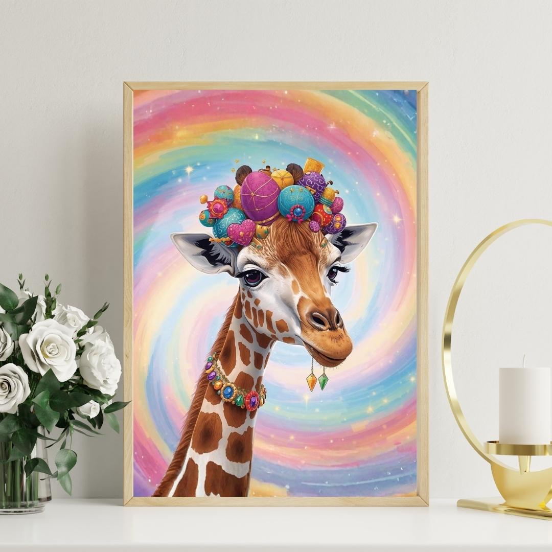 Whimsical Giraffe Art Print Printable Rainbow Swirl Background Colorful Animal Illustration Kids Room Decor Digital Download