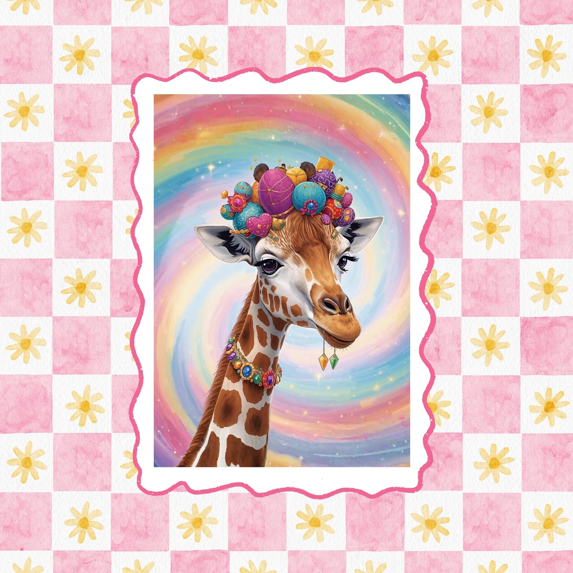 Whimsical Giraffe Art Print Printable Rainbow Swirl Background Colorful Animal Illustration Kids Room Decor Digital Download