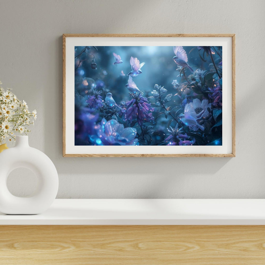 Flock of Birds Fantasy Garden Wall Art Printable Soothing Nature Scene Realistic Wildlife Dreamy Botanical Decor Digital Download