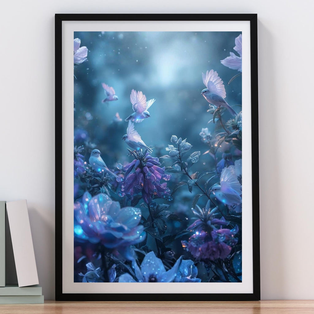 Flock of Birds Fantasy Garden Wall Art Printable Soothing Nature Scene Realistic Wildlife Dreamy Botanical Decor Digital Download