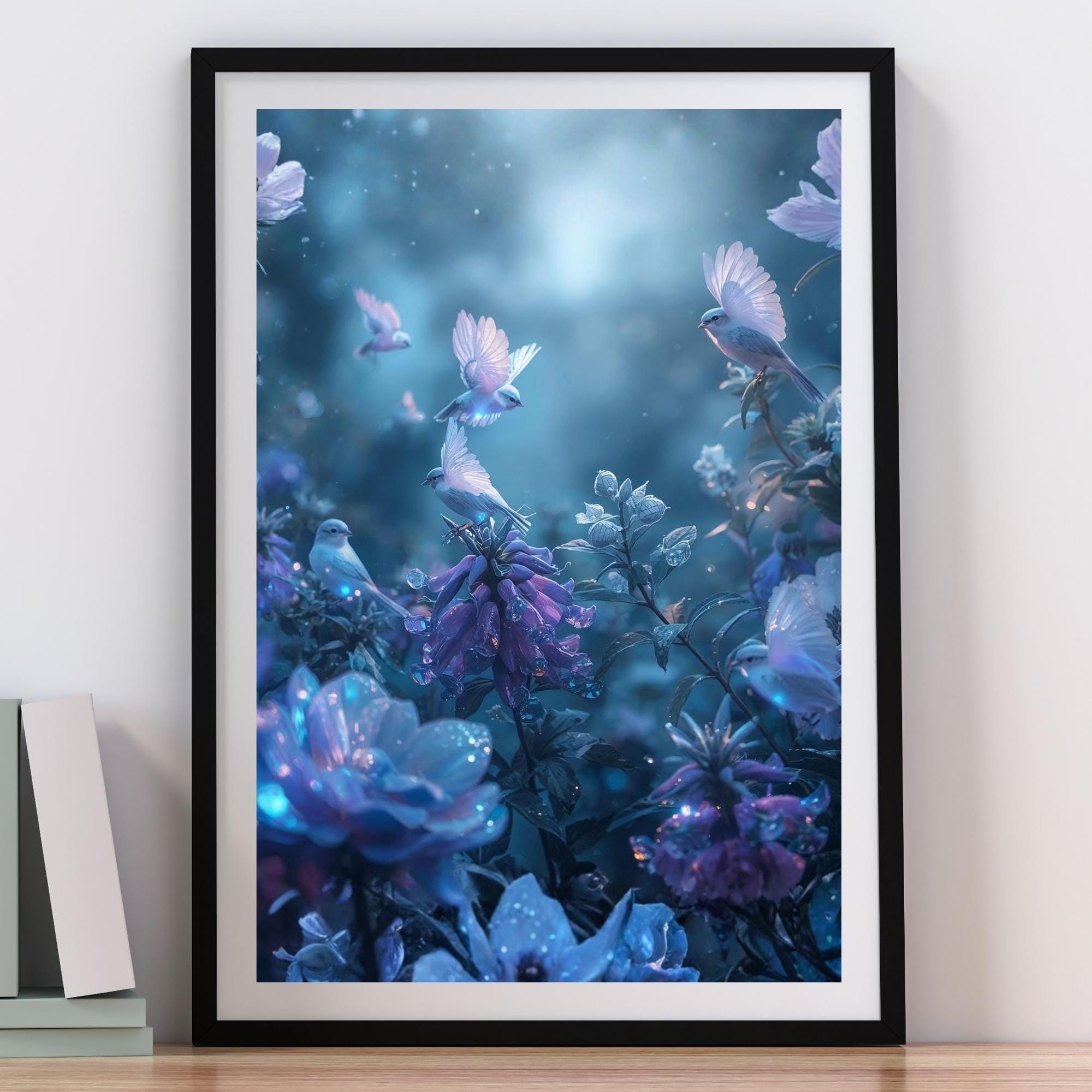 Flock of Birds Fantasy Garden Wall Art Printable Soothing Nature Scene Realistic Wildlife Dreamy Botanical Decor Digital Download