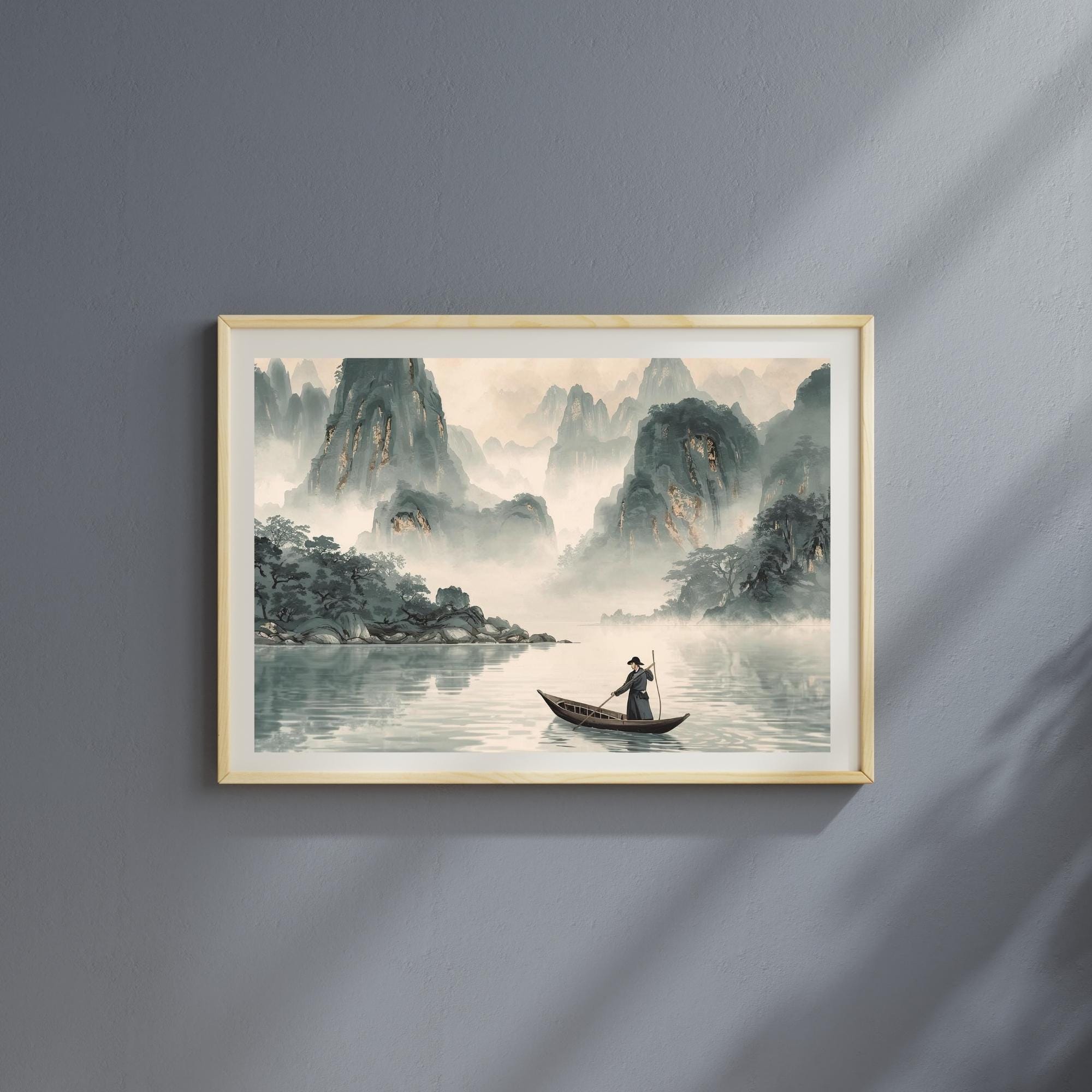 China Landscapes Wall Art Printable Traditional Asian Scenery Mountain River Nature Travel Illustration Digital Download