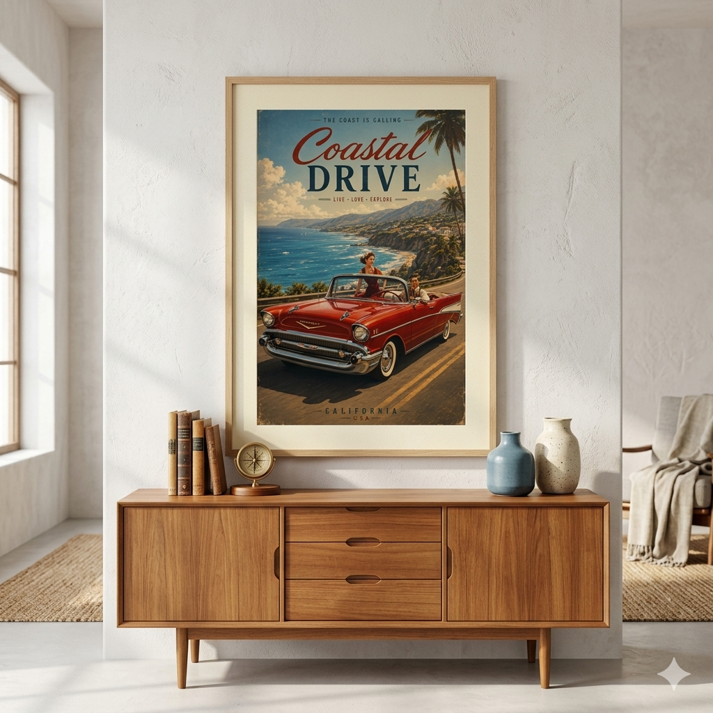 Vintage California Coastal Drive Poster - Retro 1950s Chevy Wall Art
