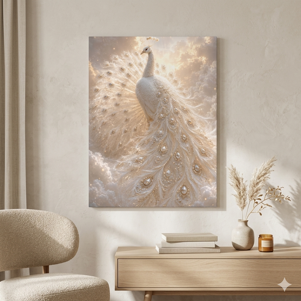 White Peacock Wall Art Canvas Luxury Celestial Peacock Decor Fantasy Bird Artwork Elegant Bedroom Living Room Art Unique Gift