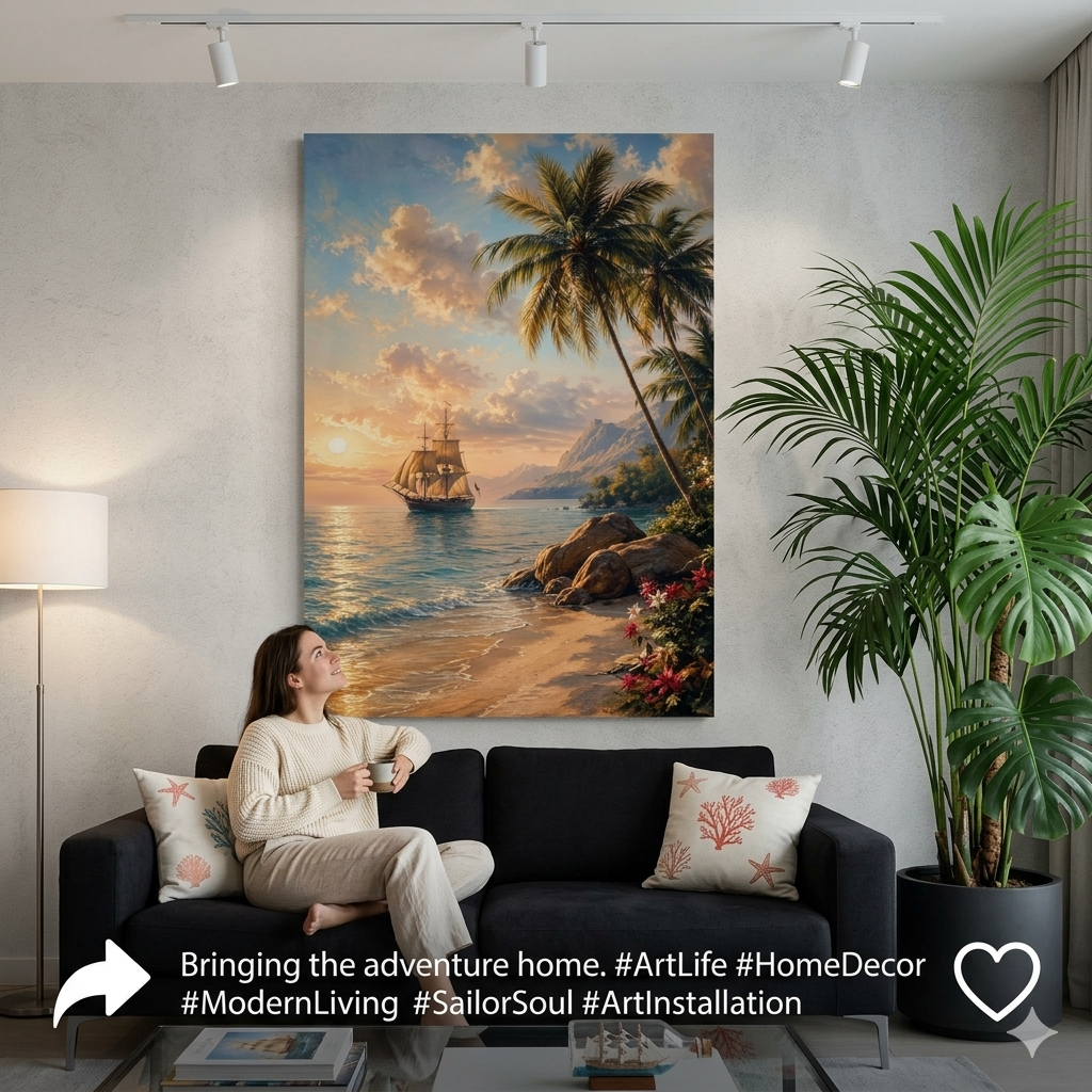 Vintage Sailing Ship Tropical Beach Canvas Wall Art - Large Coastal Sunset Print