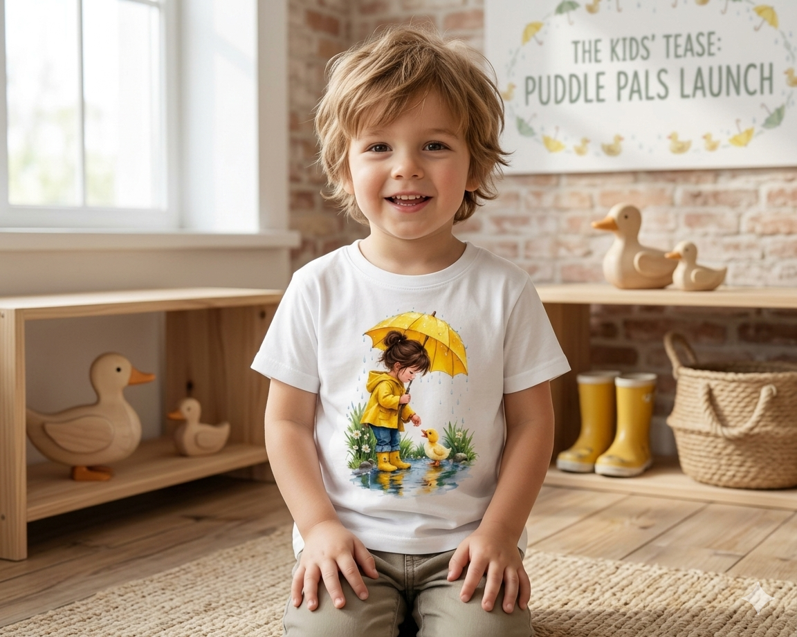 Kidswear Rainy Day  – Yellow Raincoat & Duckling Watercolor Shirt, Cute Kids Graphic Tee, Rainy Day Nature Shirt