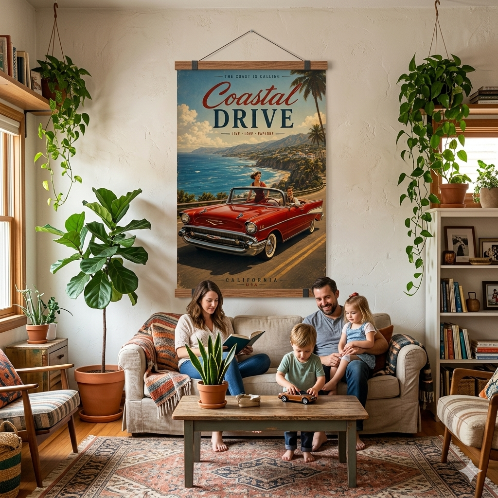 Vintage California Coastal Drive Poster - Retro 1950s Chevy Wall Art