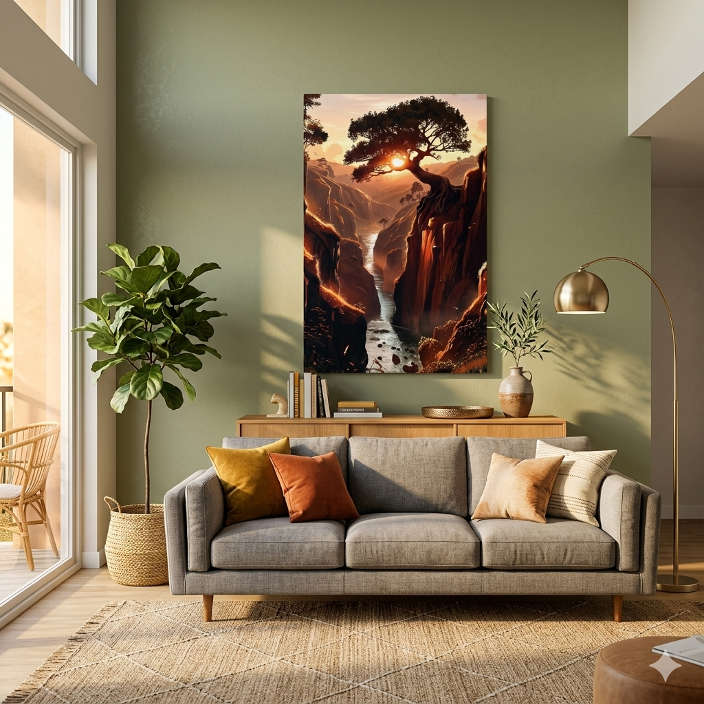 Epic Sunset River Canyon Canvas Art - Majestic Tree Landscape Wall Decor