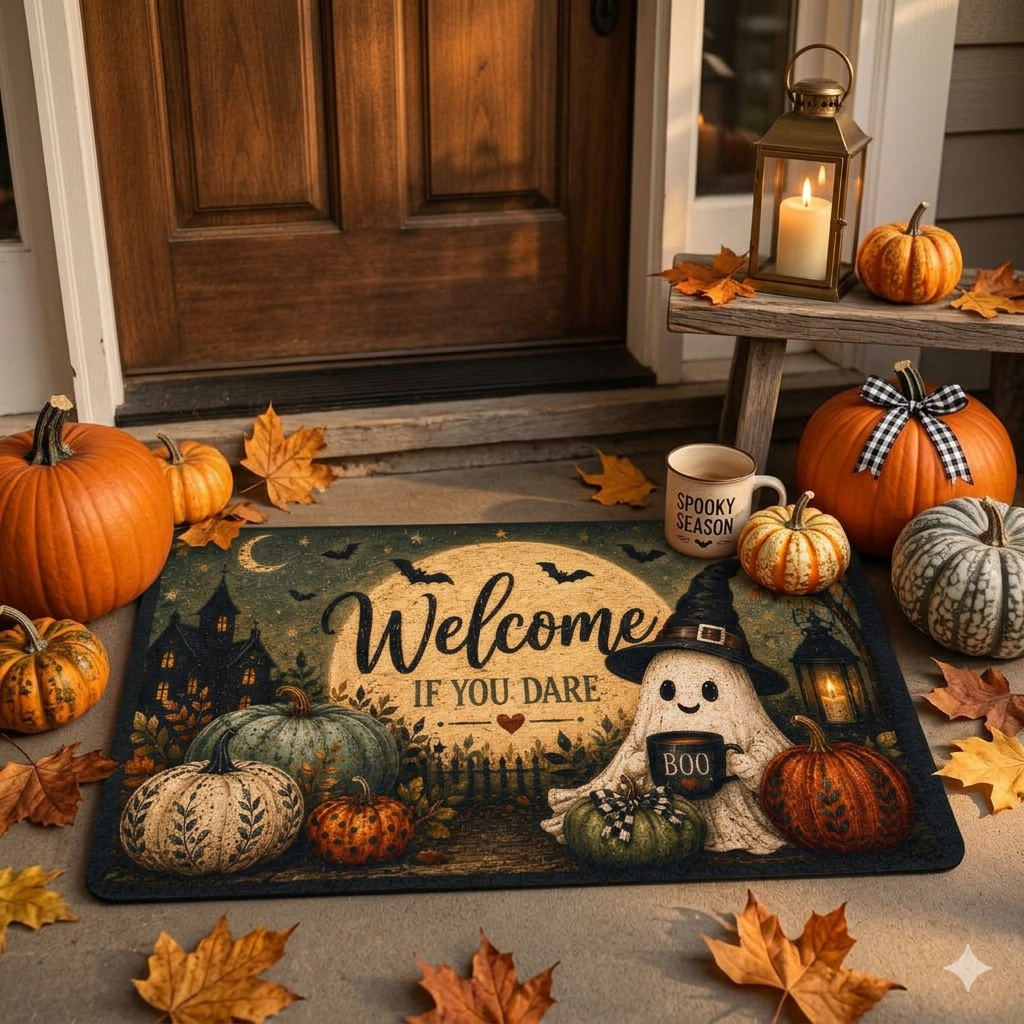Halloween Welcome Doormat Rustic Fall Pumpkin Ghost Outdoor Indoor Entryway Decor Polyester Door Mat Festive Collection