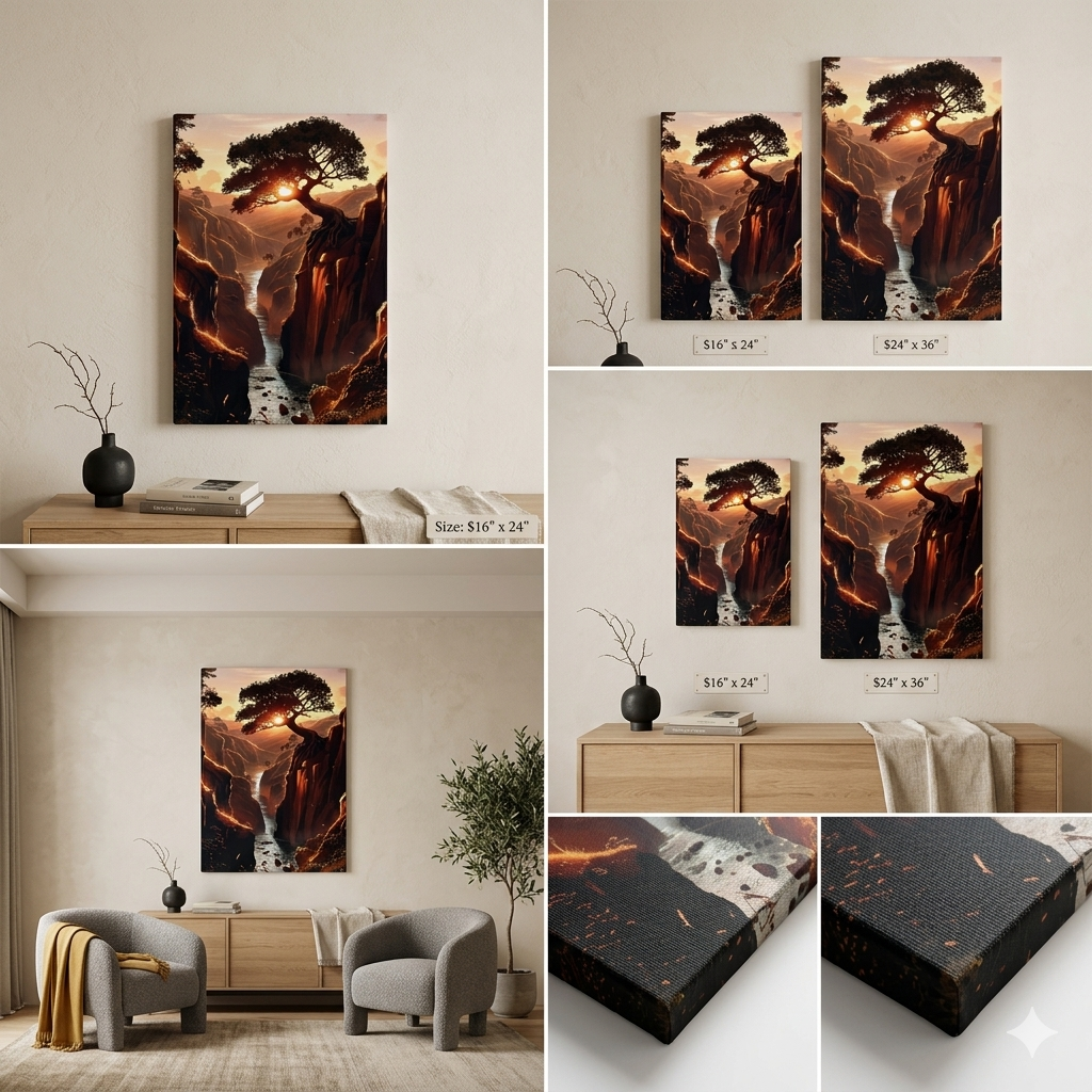 Epic Sunset River Canyon Canvas Art - Majestic Tree Landscape Wall Decor