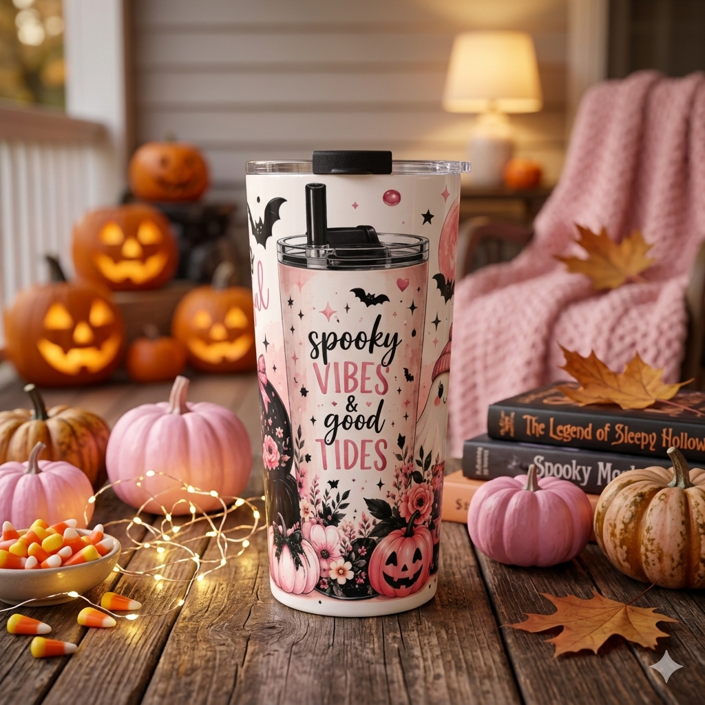 Hey Boo Halloween Tumbler Spooky Ghost Insulated Travel Mug Cute Witchy Autumn drinkware Fall Water Bottle Festive Collection