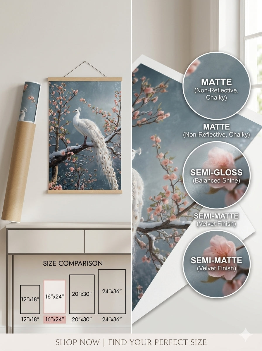 Rolled poster White Peacock Wall Art, Cherry Blossom Winter Landscape Print, Chinoiserie Large Botanical Poster, Elegant Nature Animals Decor Rolled Poster