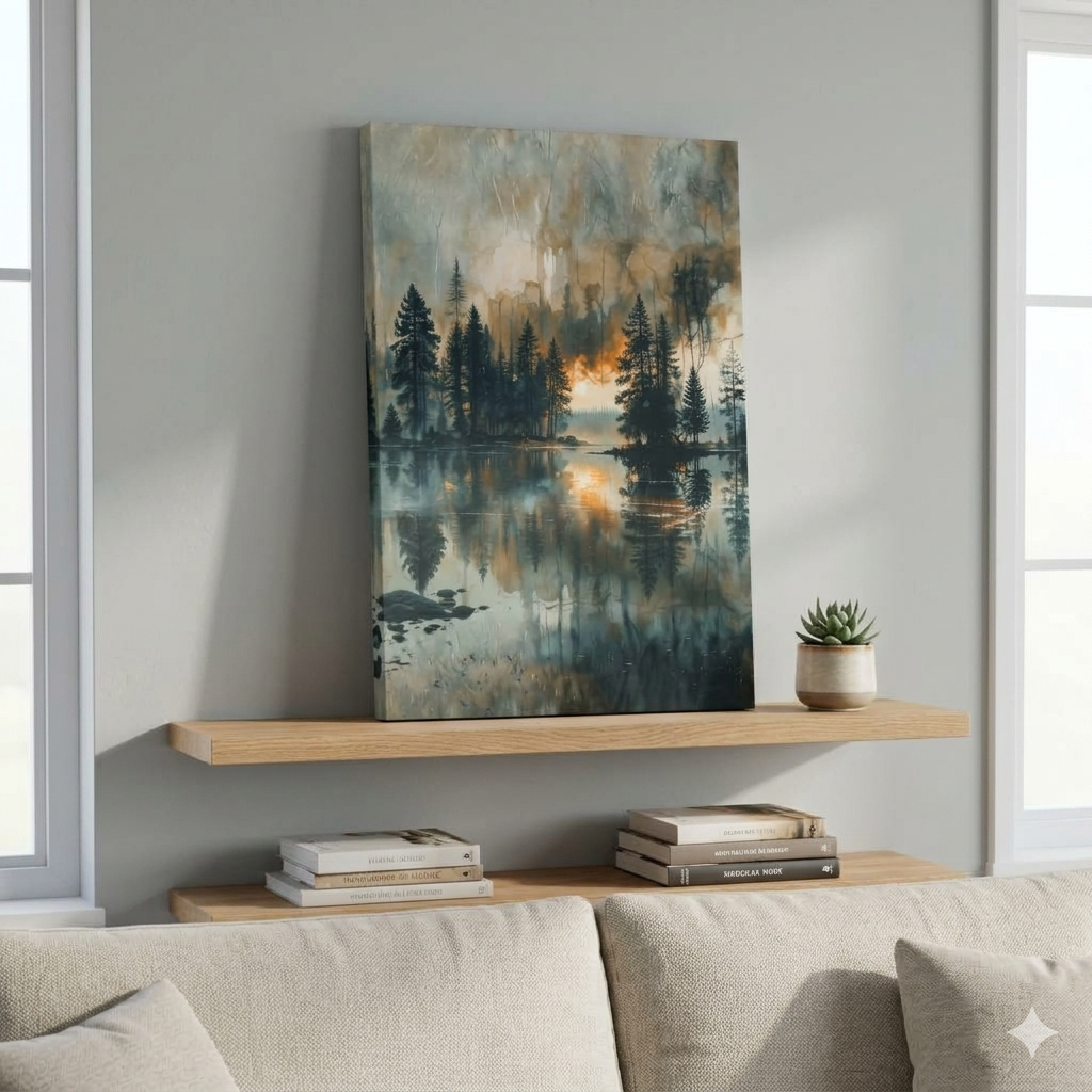 Moody Misty Forest Lake Wall Art Mountain Landscape Canvas Serene Nature Scenery Evergreen Trees Lake Reflection Artwork Rustic Cabin Decor