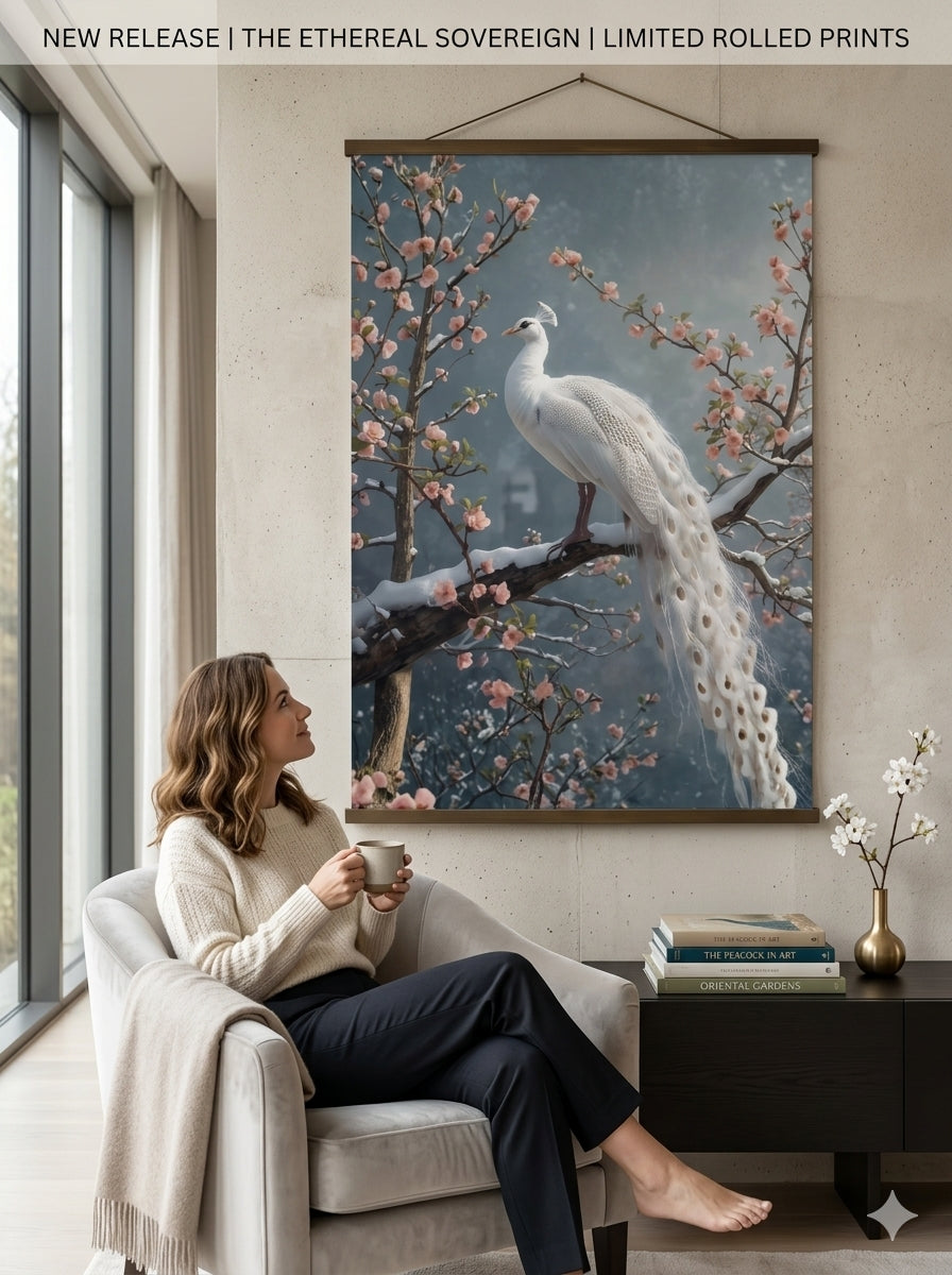 Rolled poster White Peacock Wall Art, Cherry Blossom Winter Landscape Print, Chinoiserie Large Botanical Poster, Elegant Nature Animals Decor Rolled Poster