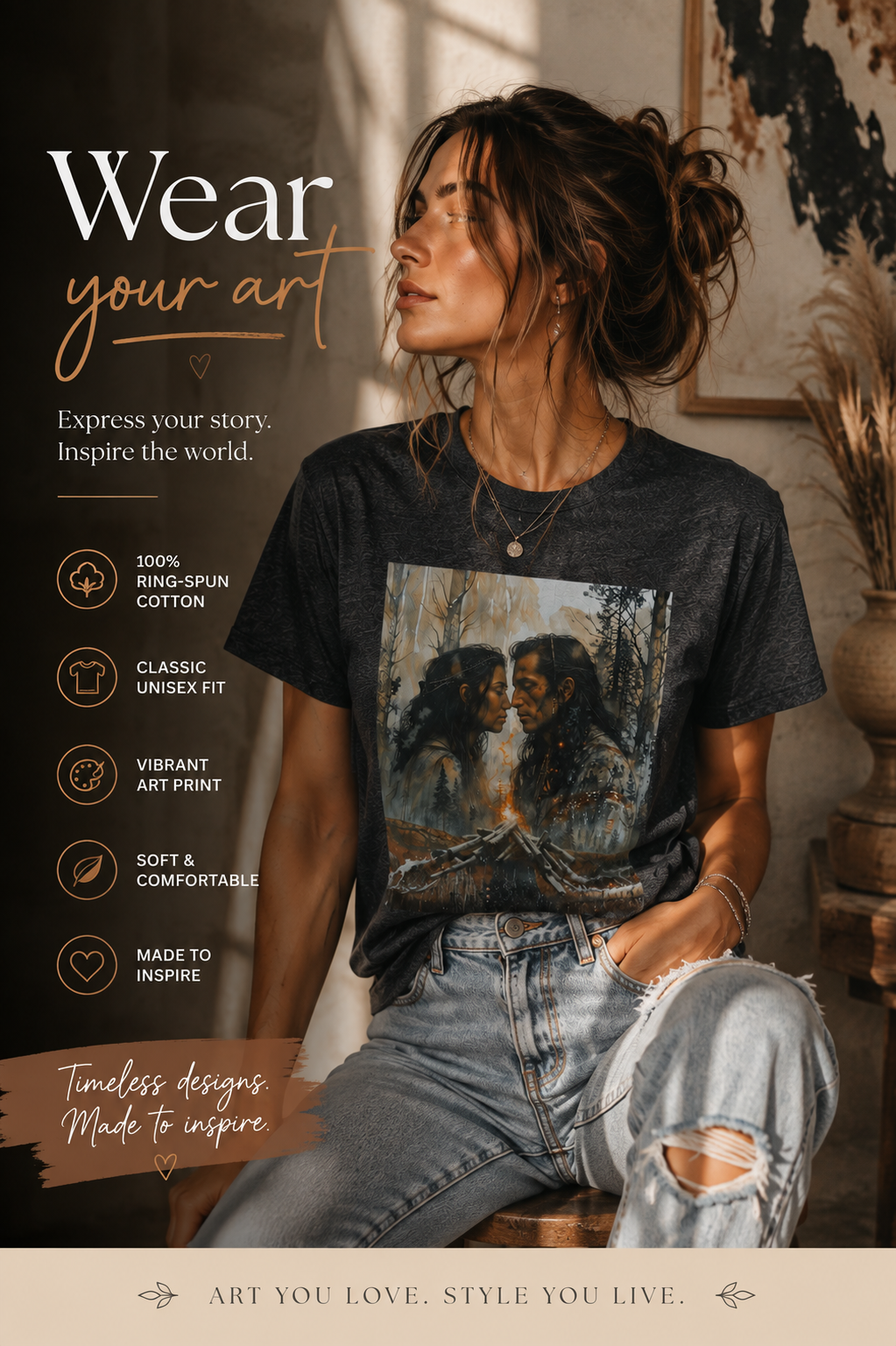 Native American Couple Love T-Shirt, Romantic Tribal Art Shirt, Indigenous Inspired Forest Graphic Tee