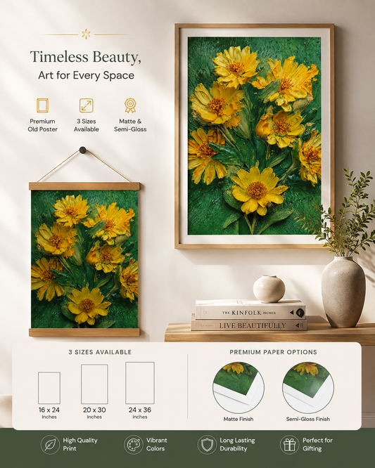 3D Impasto Yellow Flowers Oil Painting Print – Textured Palette Knife Floral Wall Art, Emerald Green Botanical Rolled Poster