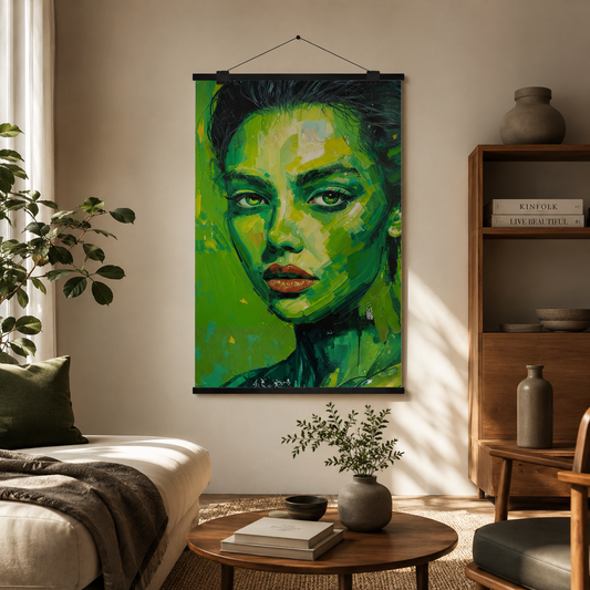 Abstract Portrait Rolled Poster, Modern Face Art Print, Contemporary Figurative Wall Decor Neon green.