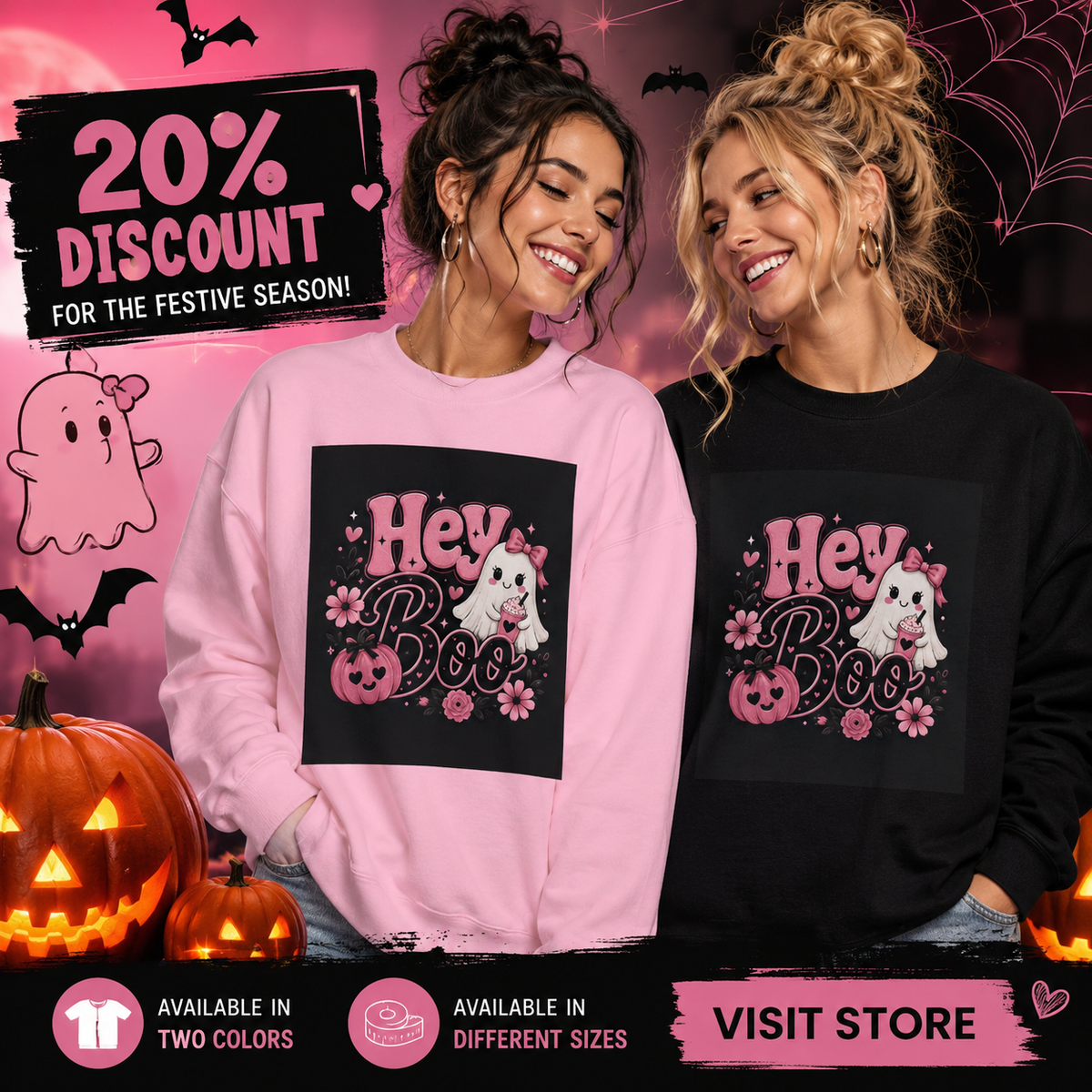 Hey Boo Halloween Sweatshirt Spooky Ghost Crewneck Cute Witchy Autumn Fall Graphic Sweater Festive Collection