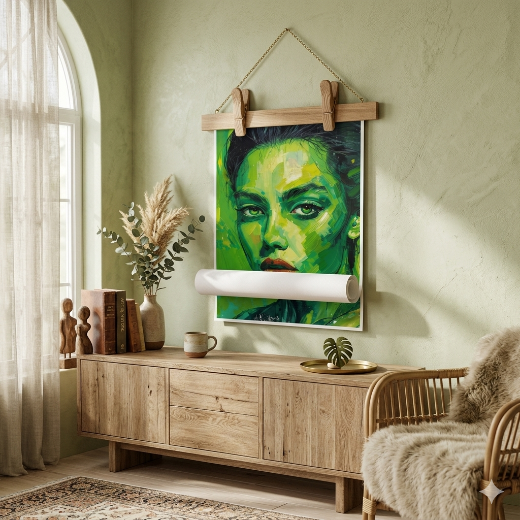 Abstract Portrait Rolled Poster, Modern Face Art Print, Contemporary Figurative Wall Decor Neon green.