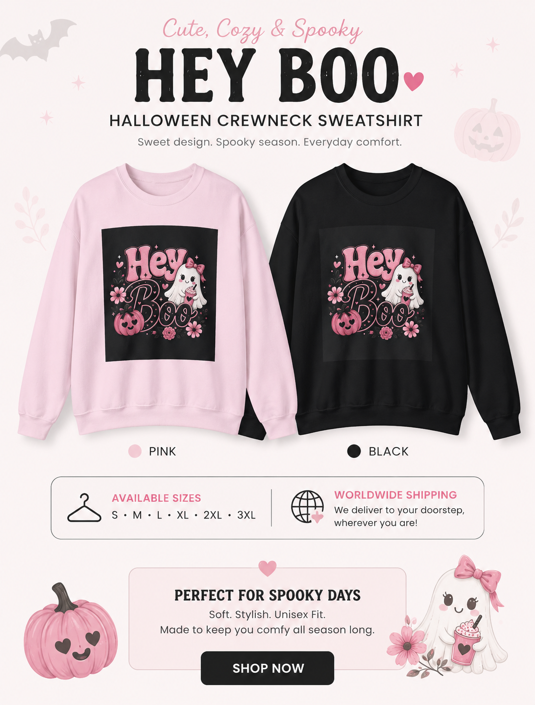 Hey Boo Halloween Sweatshirt Spooky Ghost Crewneck Cute Witchy Autumn Fall Graphic Sweater Festive Collection