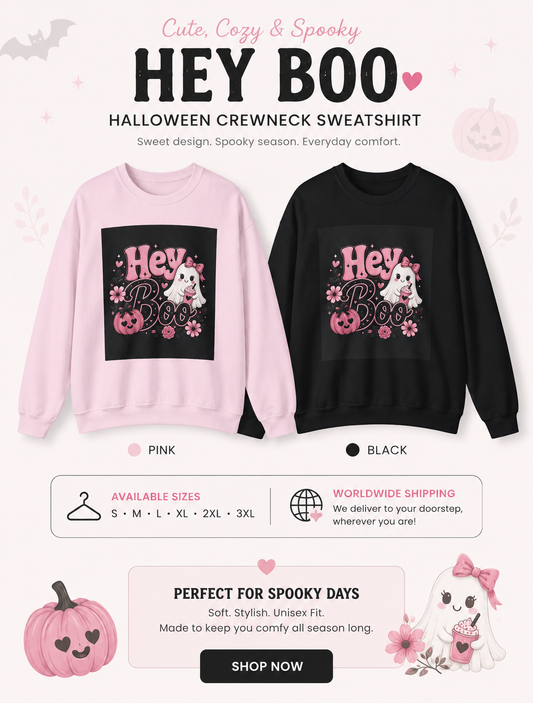 Hey Boo Halloween Sweatshirt Spooky Ghost Crewneck Cute Witchy Autumn Fall Graphic Sweater Festive Collection