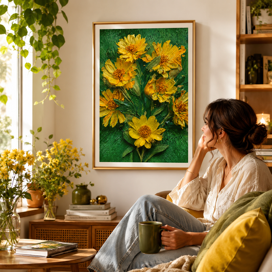 3D Impasto Yellow Flowers Oil Painting Print – Textured Palette Knife Floral Wall Art, Emerald Green Botanical Rolled Poster