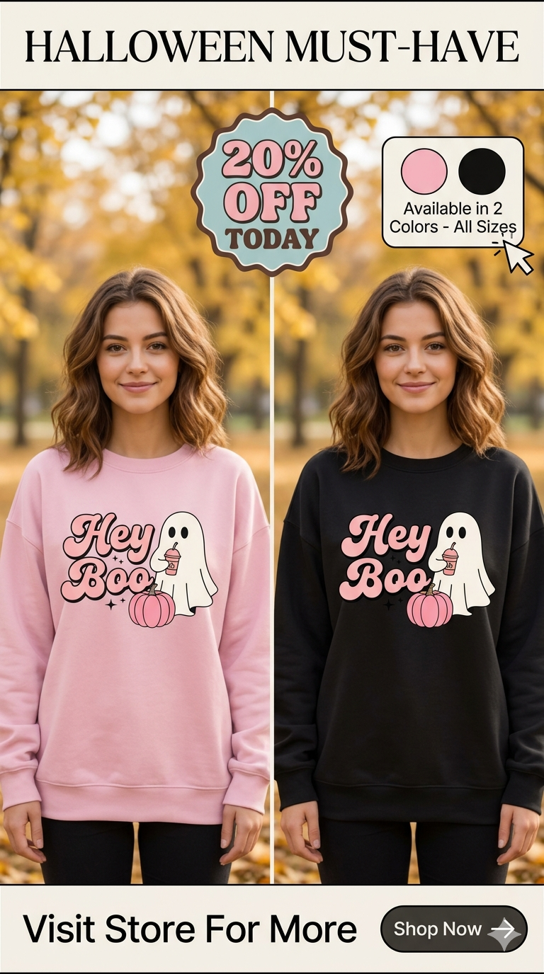 Hey Boo Halloween Sweatshirt Spooky Ghost Crewneck Cute Witchy Autumn Fall Graphic Sweater Festive Collection